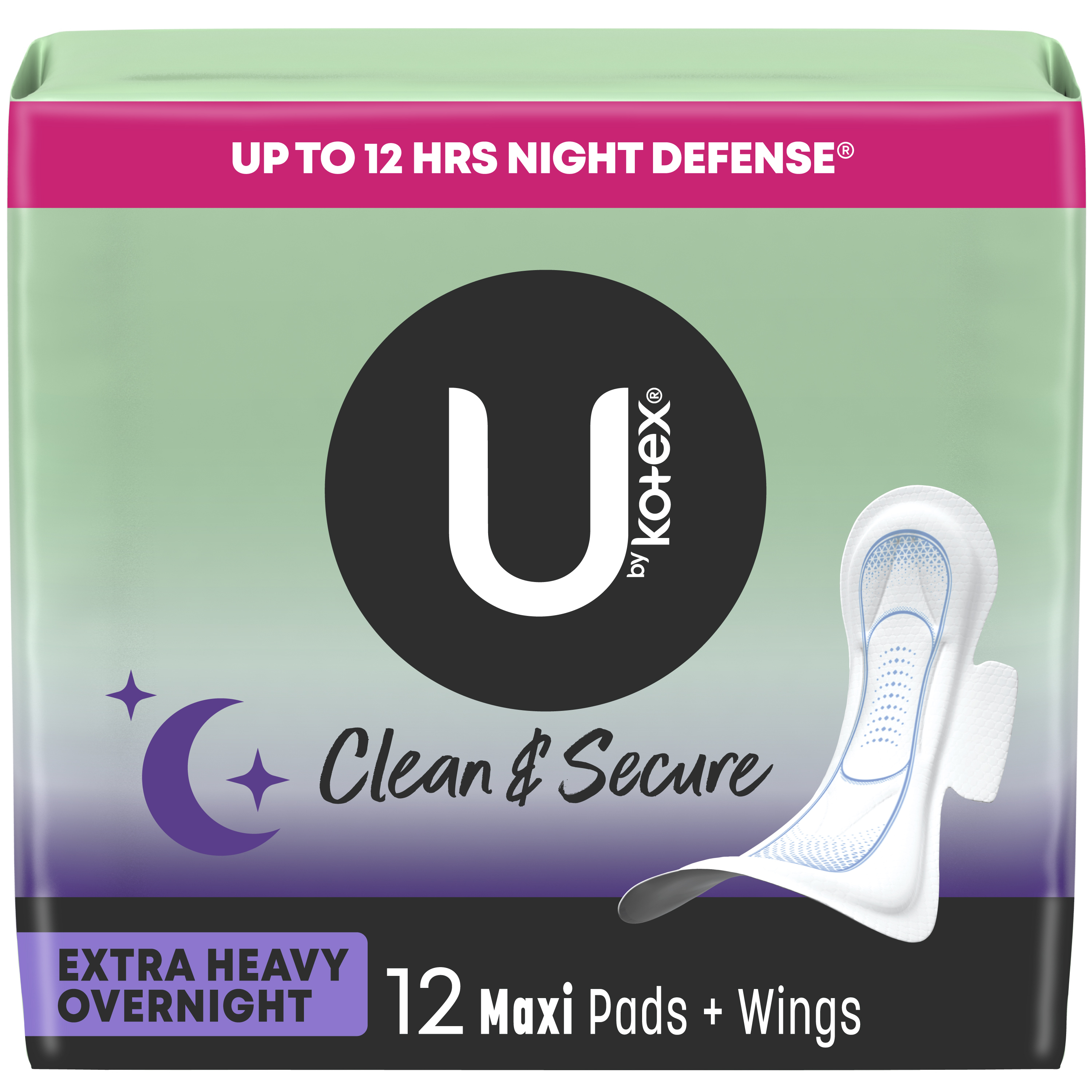 U by Kotex Security Feminine Maxi Pad with Wings, Overnight, Extra Heavy, Unscented, 12 Count Kotex