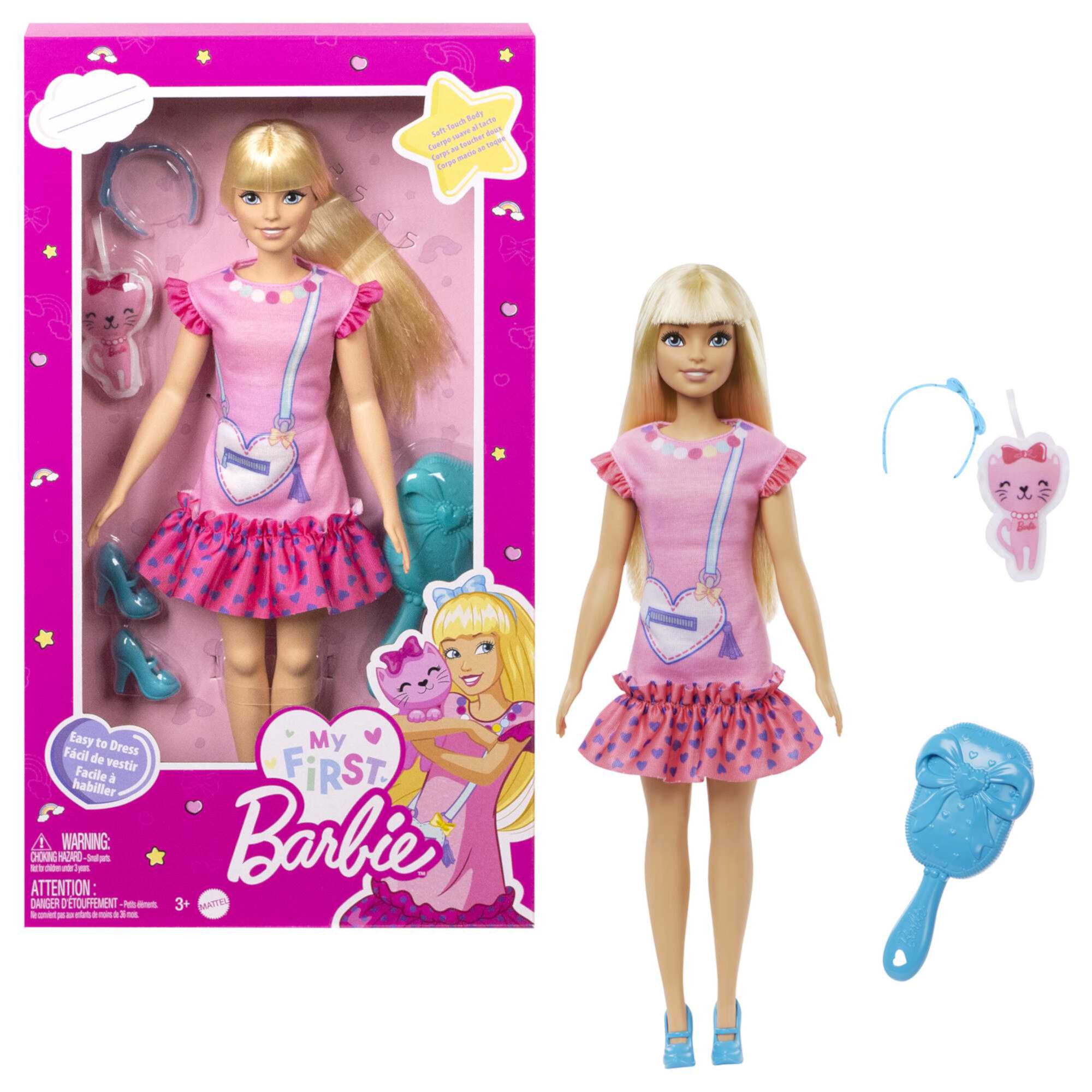 My First Barbie Doll for Preschoolers, 'Malibu' Blonde Posable Doll with Kitten and Accessories Barbie