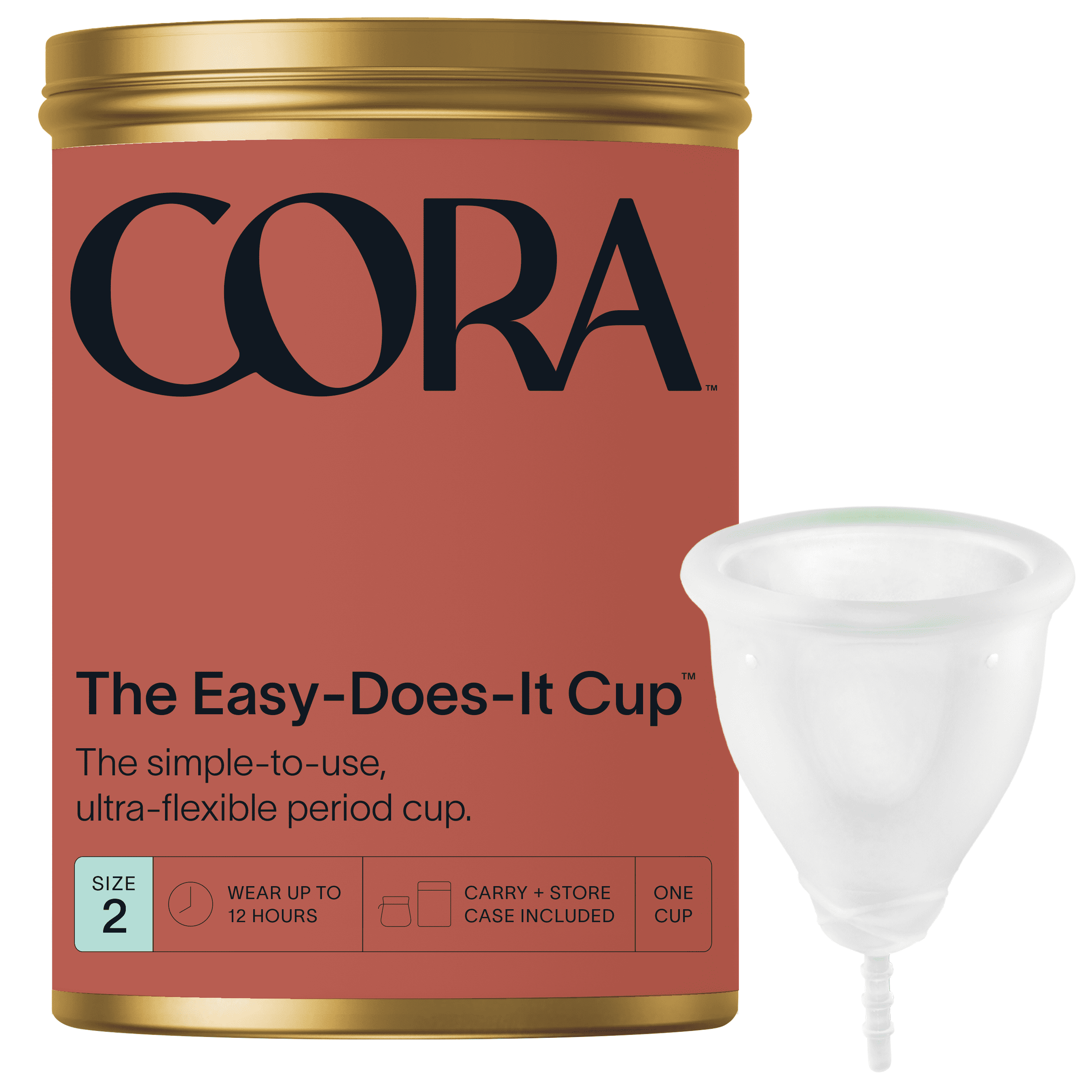 Cora Menstrual Cup, Medical Grade Silicone, Clear, 12 Hour Leak Protection, Size 2 Cora