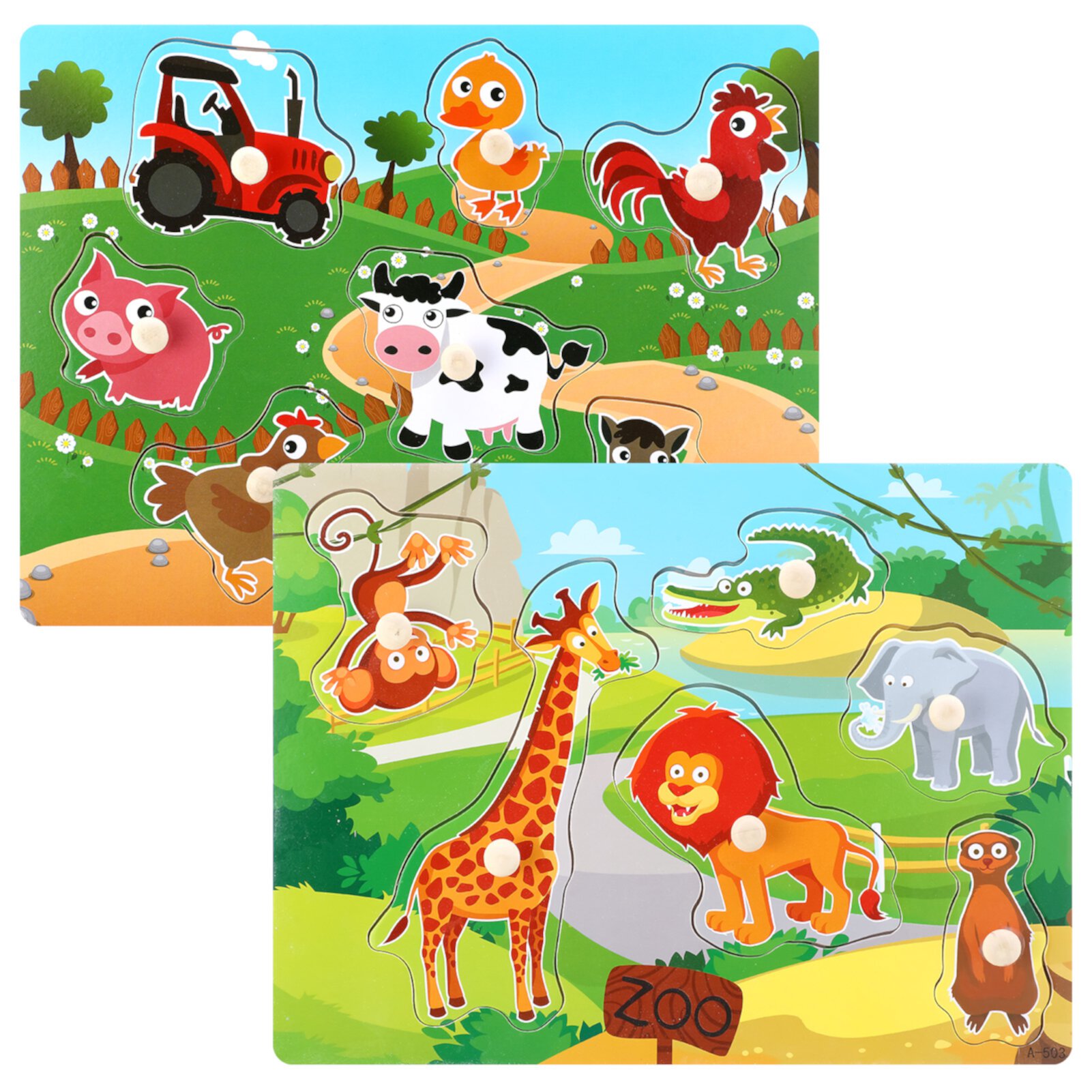 sixwipe 2 Set of Wooden Farm Puzzle, Chunky Baby Puzzles Peg Board,Knob Puzzle Board for Toddlers Ages 1- 3, Full-Color Pictures for Preschool Educational Jigsaw Puzzles Sixwipe