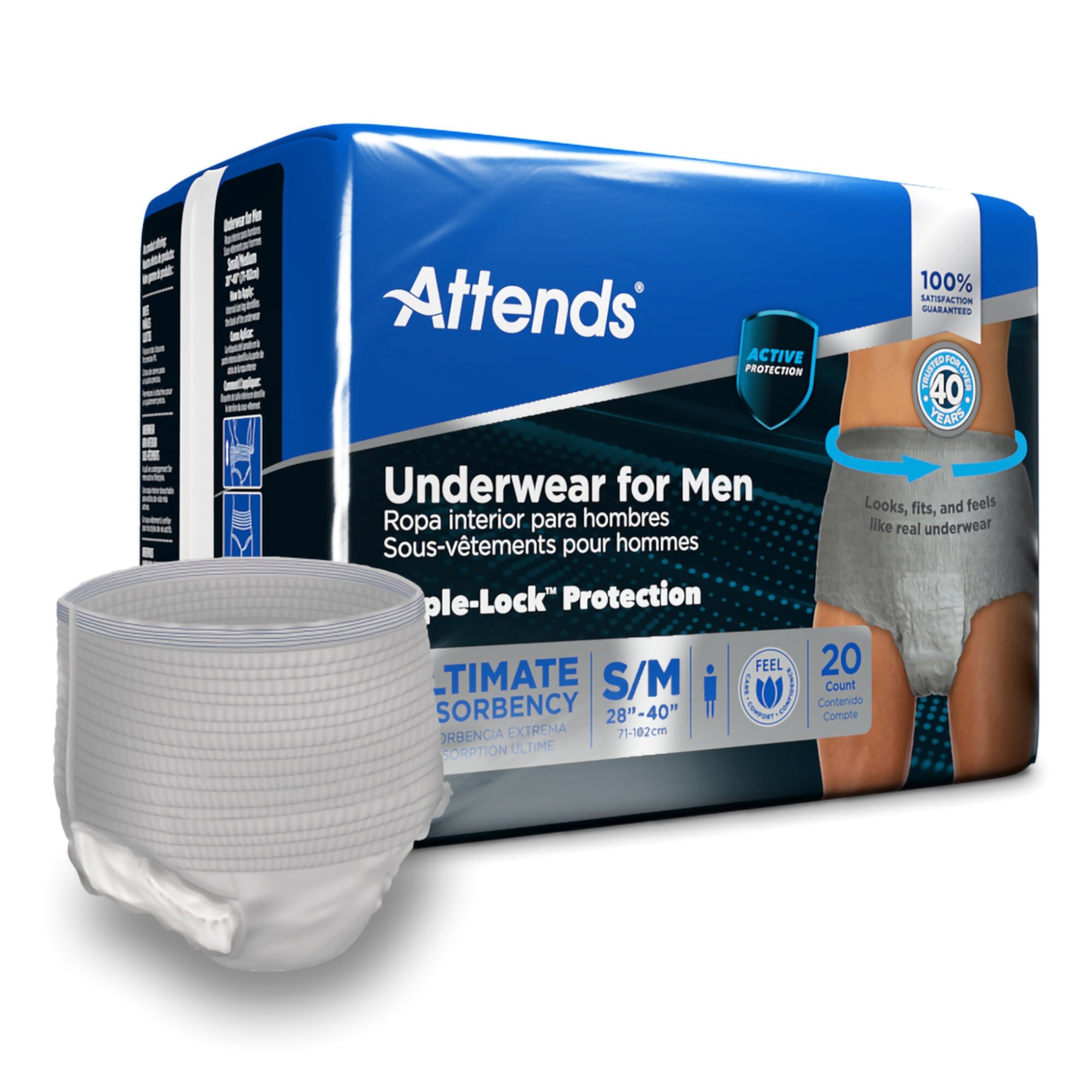 Attends For Men Disposable Underwear Male Pull On with Tear Away Seams Small / Medium, ADUM15, 20 Ct Attends