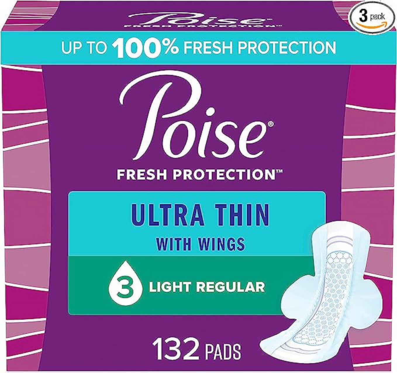 Poise Ultra Thin Incontinence Pads with Wings & Postpartum Incontinence Pads, 3 Drop Light Absorbency, Regular Length, 132 Count, Packaging May Vary Poise