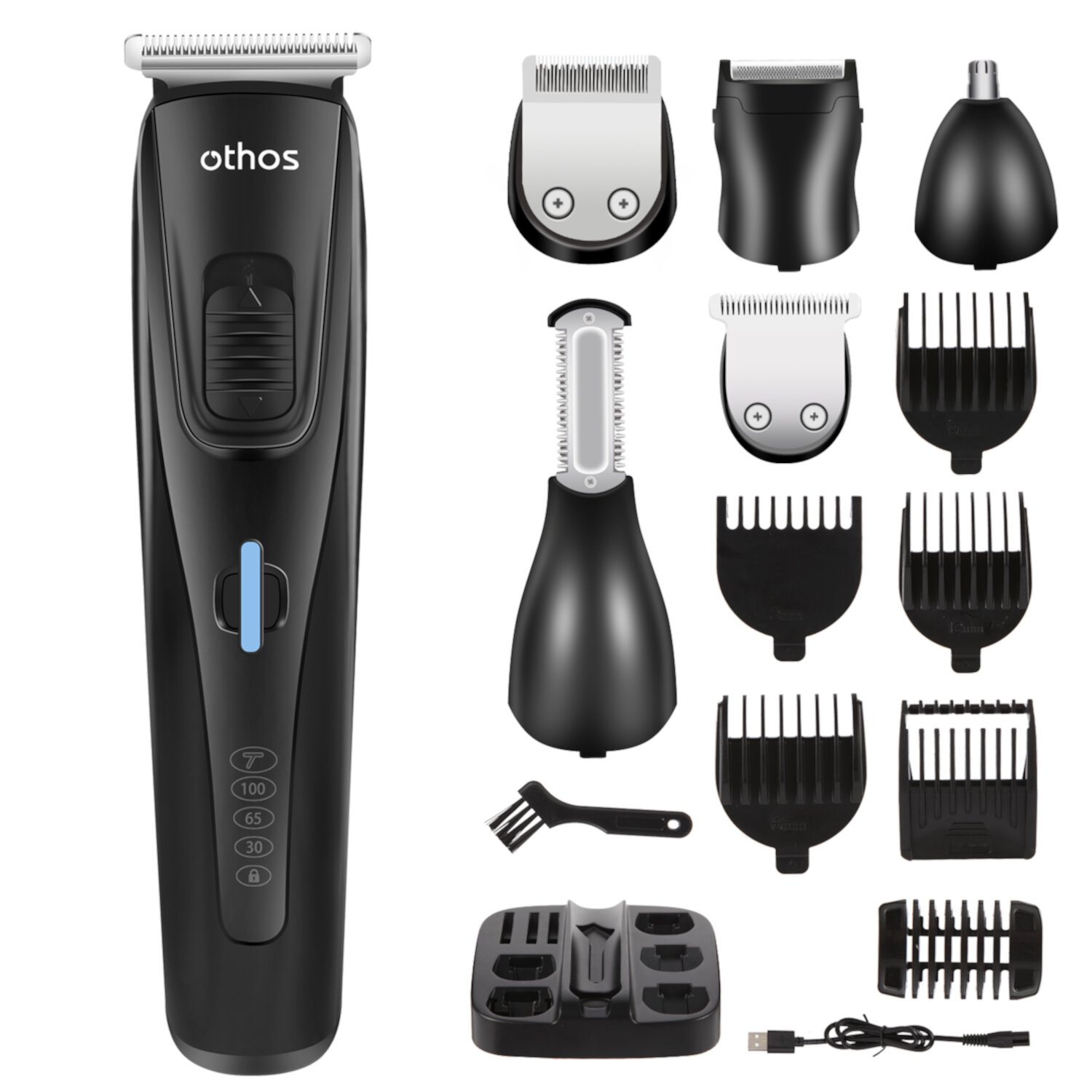 Othos Multi-Functional Electric Hair Clipper Beard Trimmers Shaver Kit for Men Mustache Hair Face Nose Body Ear Trimmers Set USB Charging Rechargeable Lithium Battery Waterproof Cordless Stand LED Othos