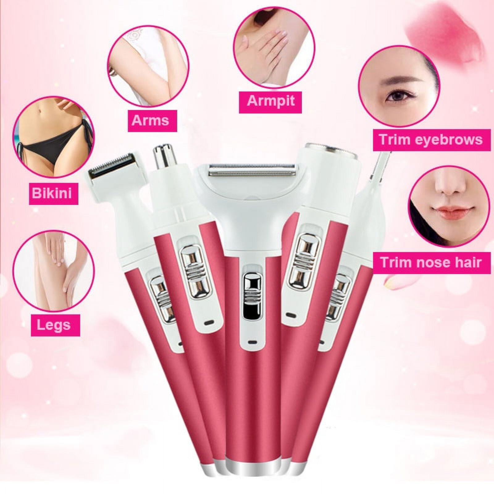 5 in 1 Women Electric Razor Cordless Hair Removal Ladies Shaver Painless Body Hair Trimmer Remover for Bikini Facial Nose Ear Eyebrows Leg Armpit Clipper Grooming Groomer Kit Zendure