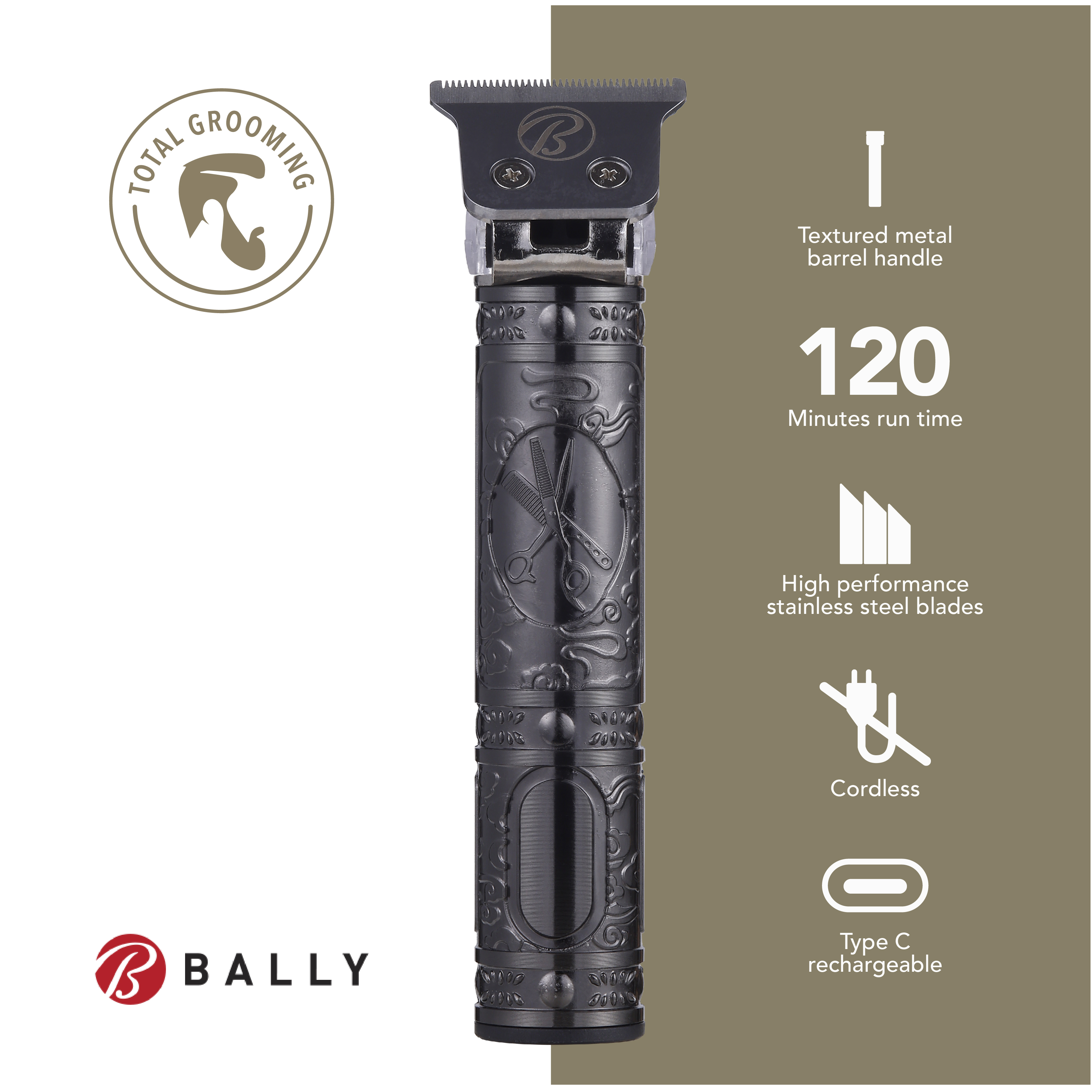 Bally's Stainless Steel T-Blade Cordless Rechargeable Men's Electric Hair Trimmer, Bally's