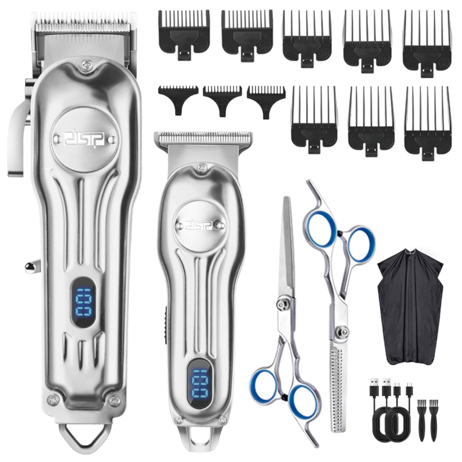 DSP Beard Trimmer for Men, Cordless Hair Clipper Shavers for Men, Facial Hair Trimmer for Beard & Mustache Trimming, Professional Haircut Kit for Men Rechargeable LED Display (Silver) DSP