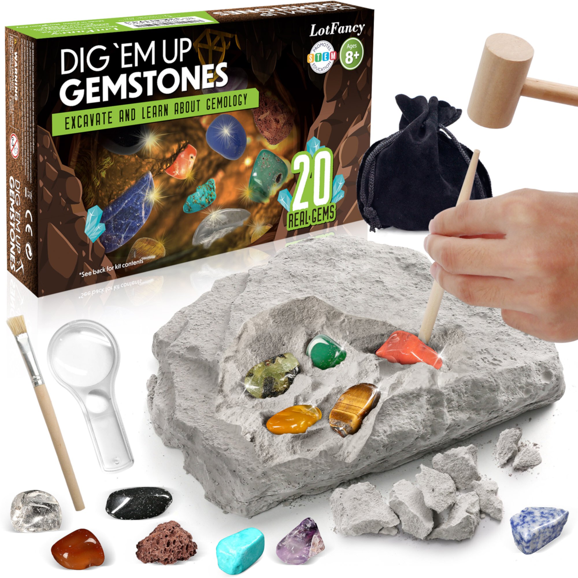 LotFancy Gemstone Dig Kit, 20 Real Gem, Science Kit for Kids Ages 8+,  Gift for Boys, Girls, Teens LotFancy