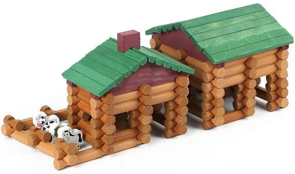 Classic Wood Cabin Logs Set, 129 Pieces Building Log Toy for Children, Farm House Construction Educational Toys for 3 4 5 6 Years Old ODYSITE