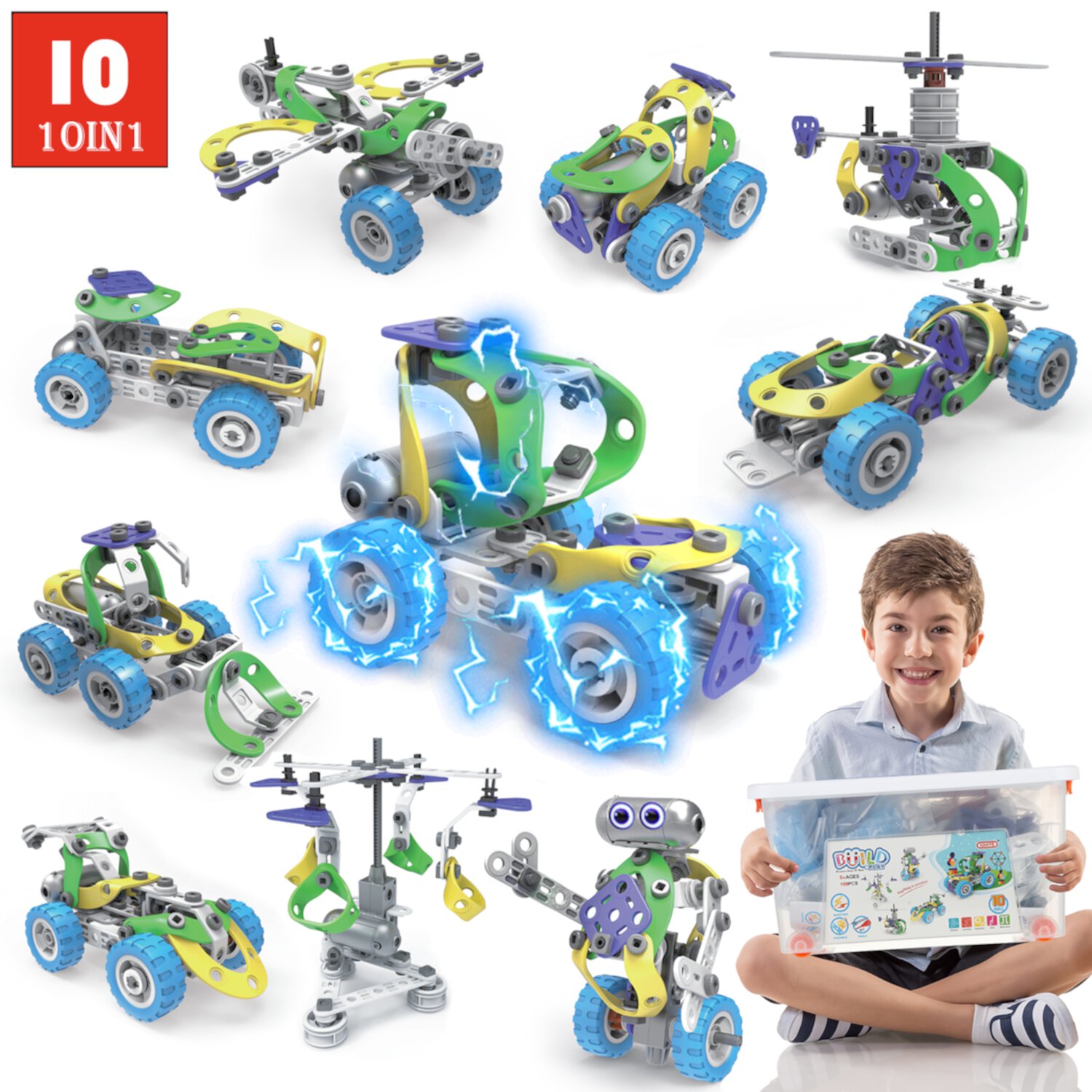 Huge Wave 10-in-1 STEM Building Toys Blocks Kit for Boys, Electric Blocks Sets, Educational Construction Kits Games, Engineering Projects Activities Christmas Gift for Kids Toddler Aged 3-10 Huge Wave