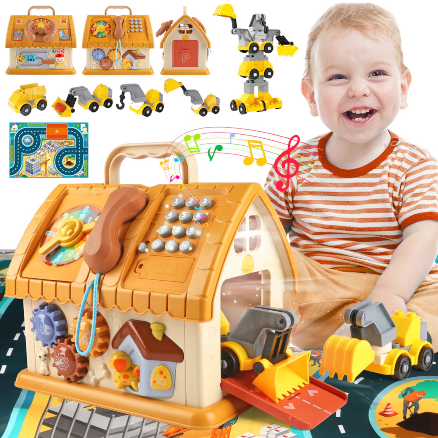 Huge Wave Toddler Montessori Toys for 1+ Year Old, 8-in-1 Multi-Functional Learning House, with 4 Building Cars and Map, Sound & Light Early Educational Baby Christmas Gifts Huge Wave