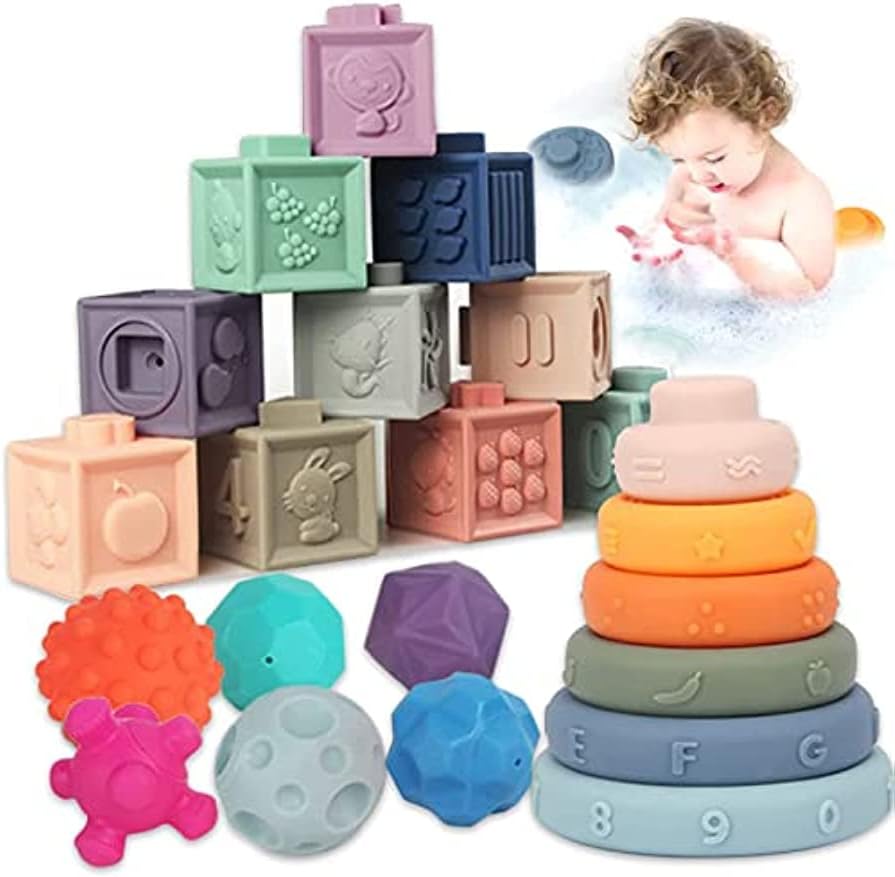 24PCS Baby Toys 6-12 Months, Montessori Toys for Babies 6-12 Months, Incl Stacking Building Blocks & Soft Infant Teething Toys & Sensory Balls for Toddlers 0-3-6-9-12 Months HAPPY BUM