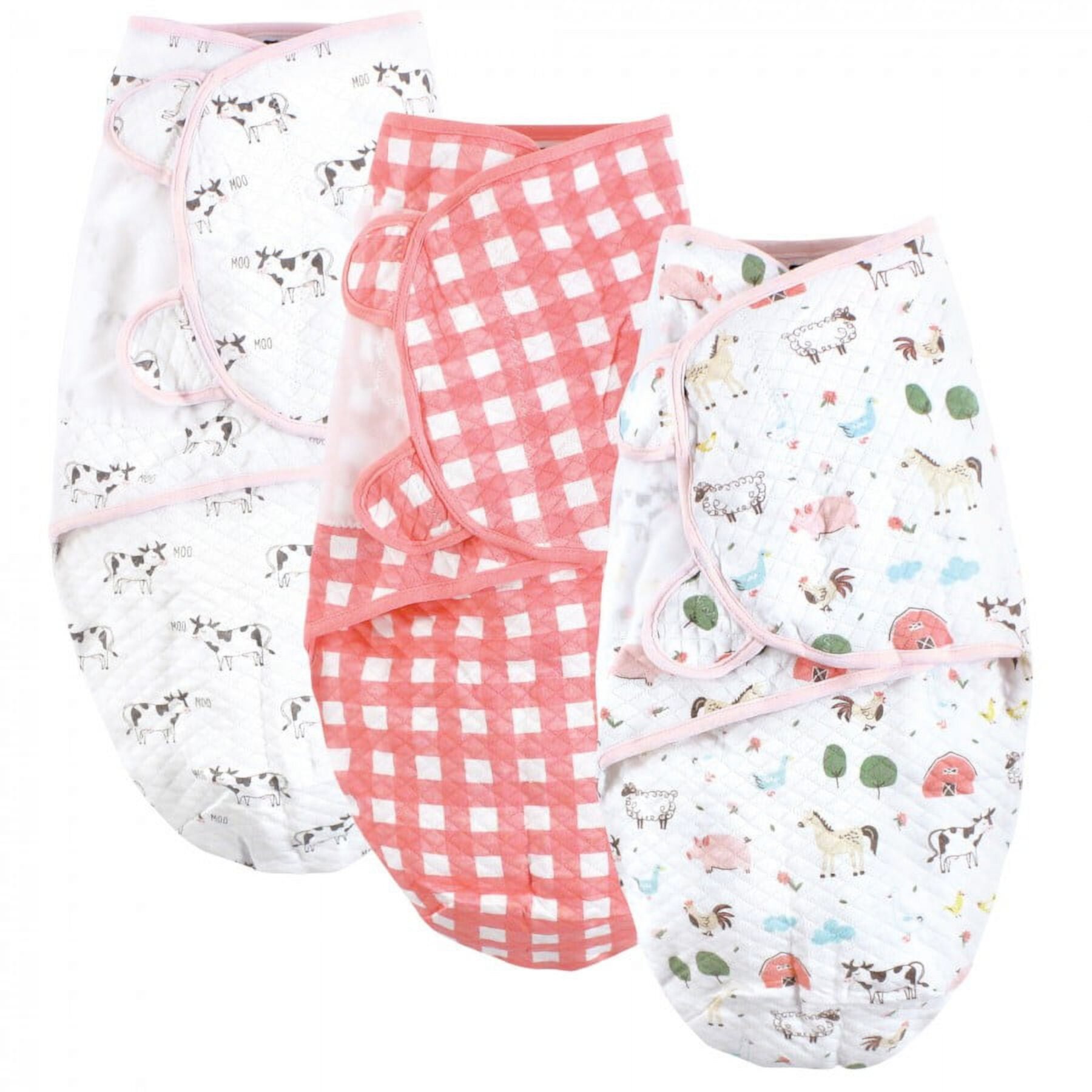 Hudson Baby Infant Girl Quilted Cotton Swaddle Wrap 3pk, Girl Farm Animals, 0-3 Months Hudson Baby