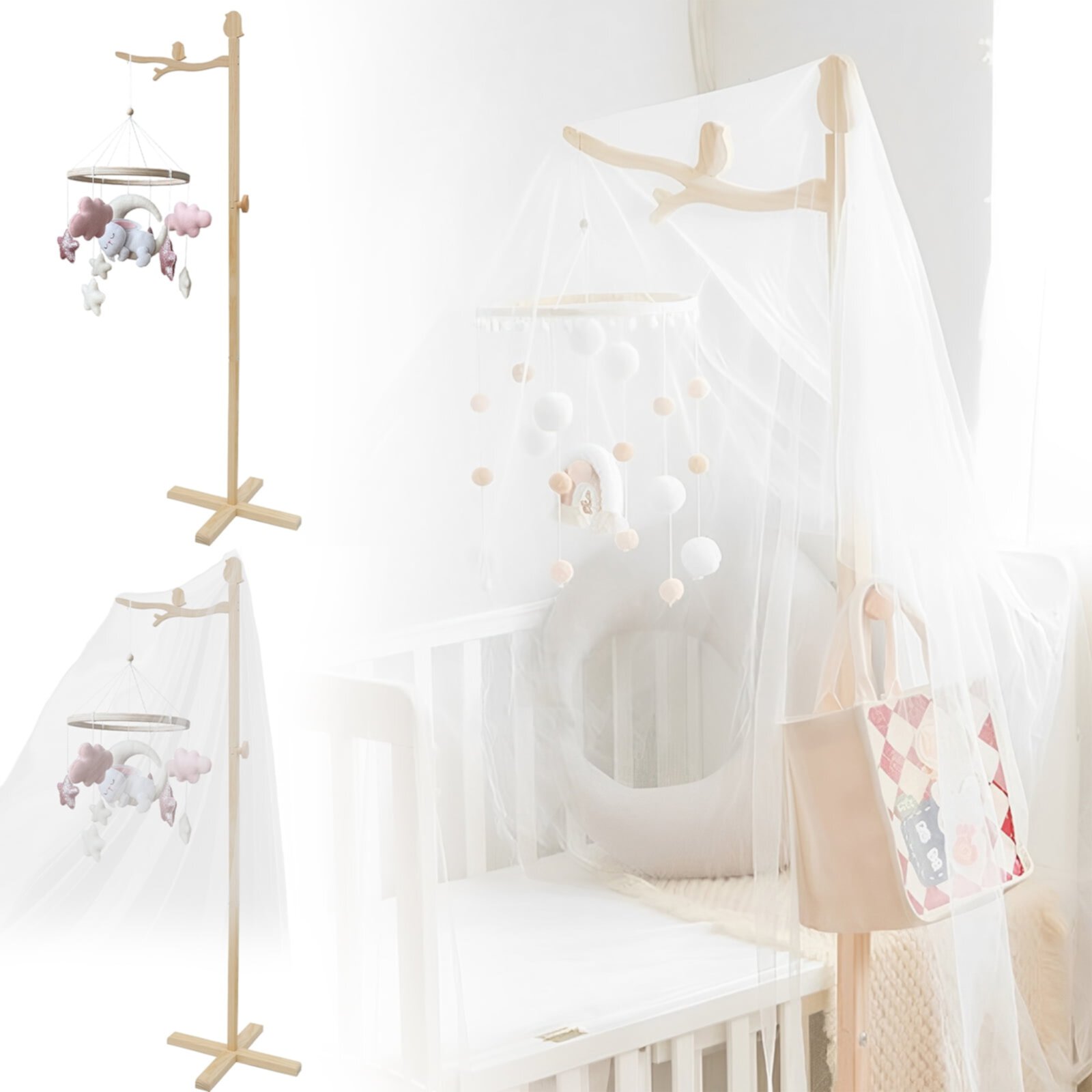 Threns Baby Crib Mobile Arm Wooden Crib Mobile Holder Floor Standing Baby Mobile Holder Arm,Unisex,Without Mosquito Net Threns