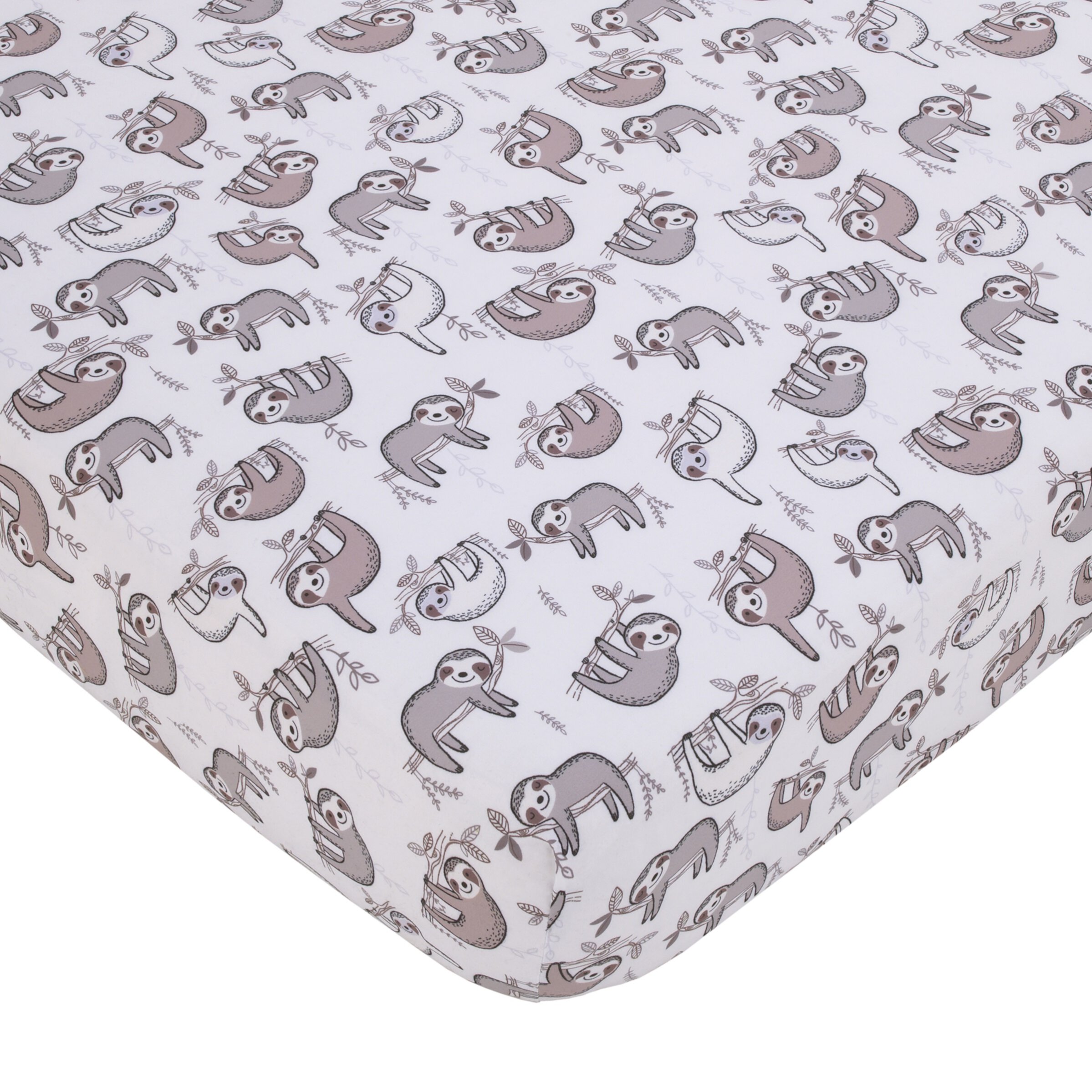 Little Love by NoJo 165 Thread Count White, Brown, Multi-color Animal Sloth Polyester Woven Fitted Sheets, Crib Little Love by NoJo