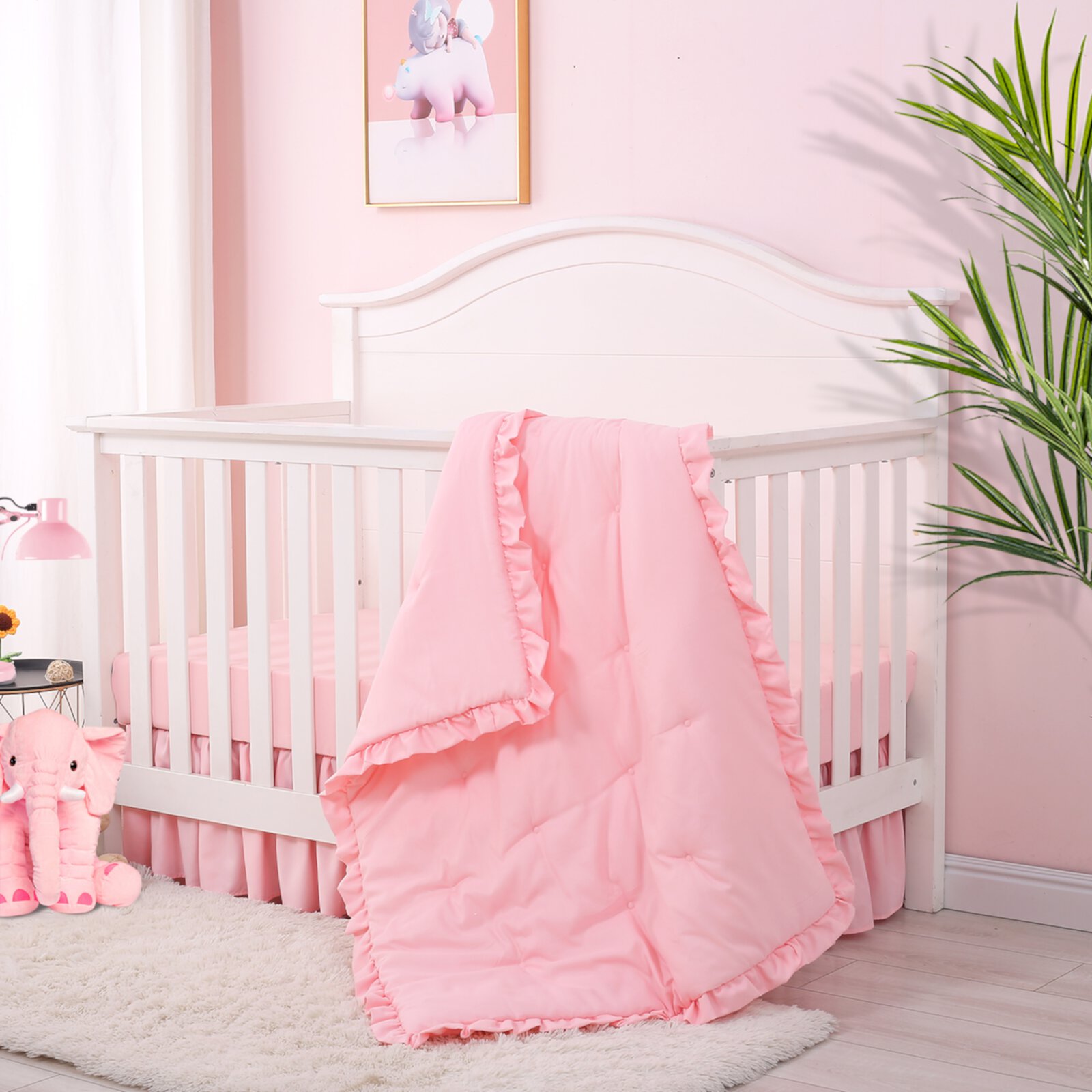 JISEN 3 Pieces Crib Bedding Set - Pink Standard Size Baby Bedding Set - Quilt, Sheet, Crib Skirt JISEN