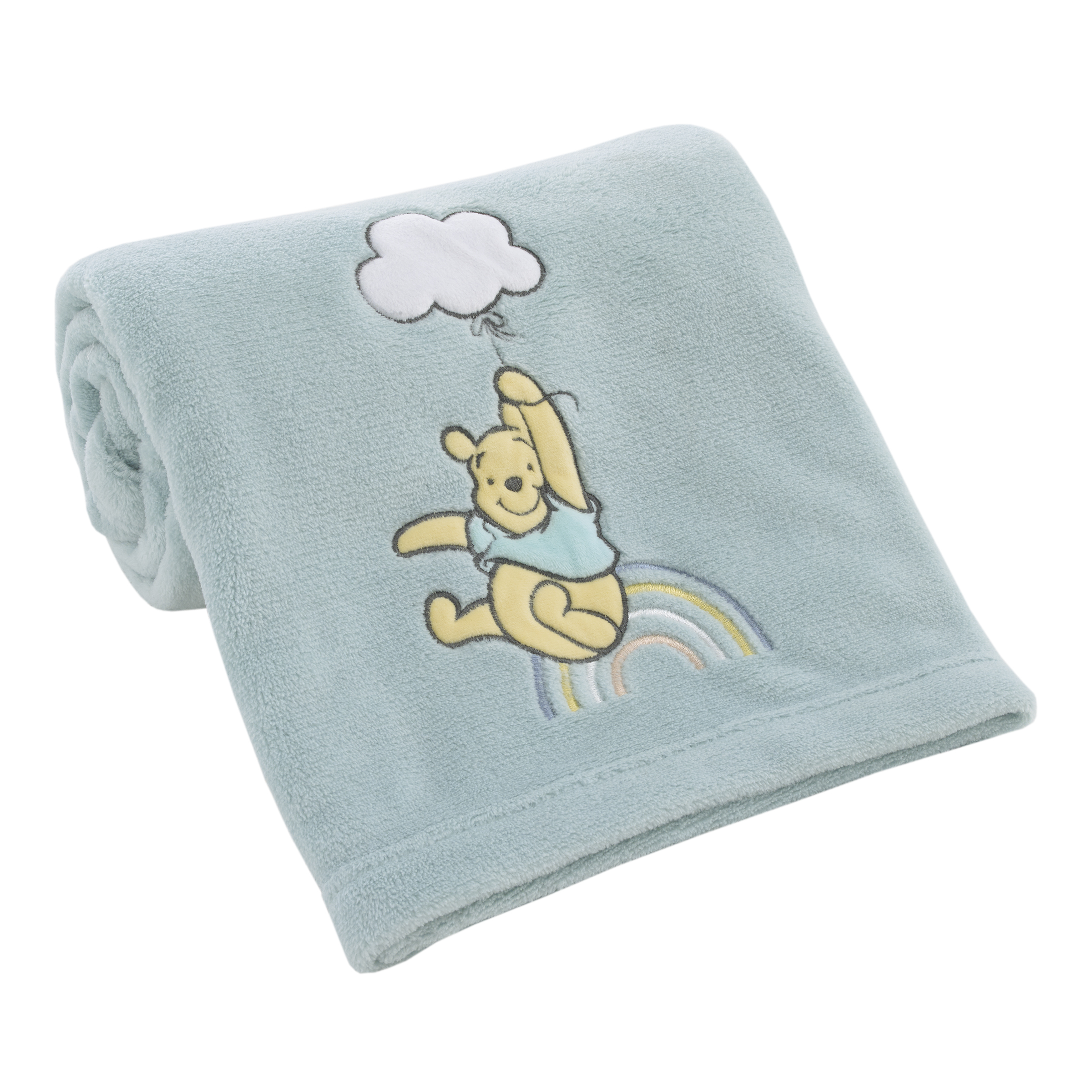 Disney Winnie The Pooh Hello Sunshine Aqua Super Soft Baby Blanket with Multi Colored Rainbow & Cloud Applique, Aqua, Yellow, White Aqua, Yellow, White Full Disney