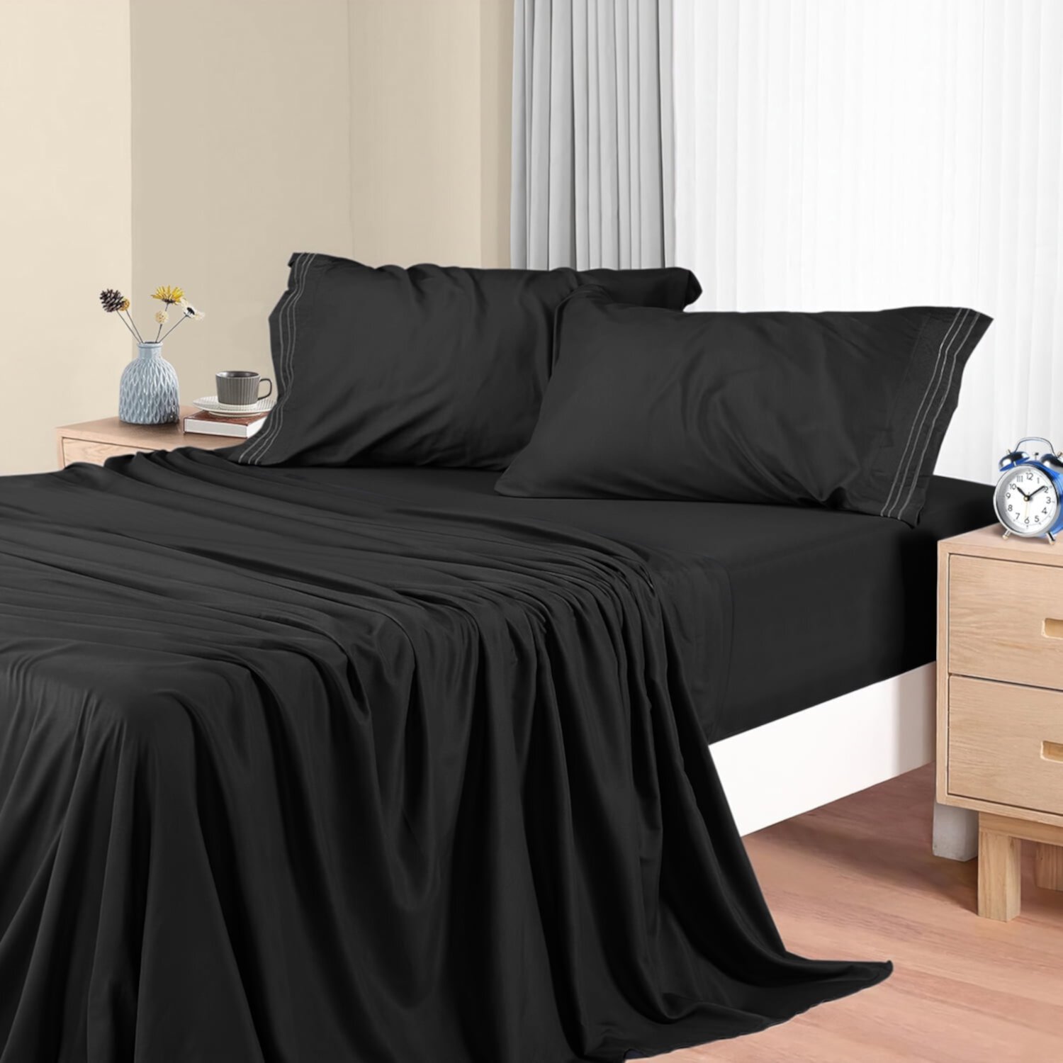 Full Sheet Set, Ultra Soft Cooling Sheets for Sleepers, Premier Wrinkle Resistant 4 Piece Breathable Bedding Sheet Set, Fits Up to 16'' Deep Pocket - Black Cshidworld