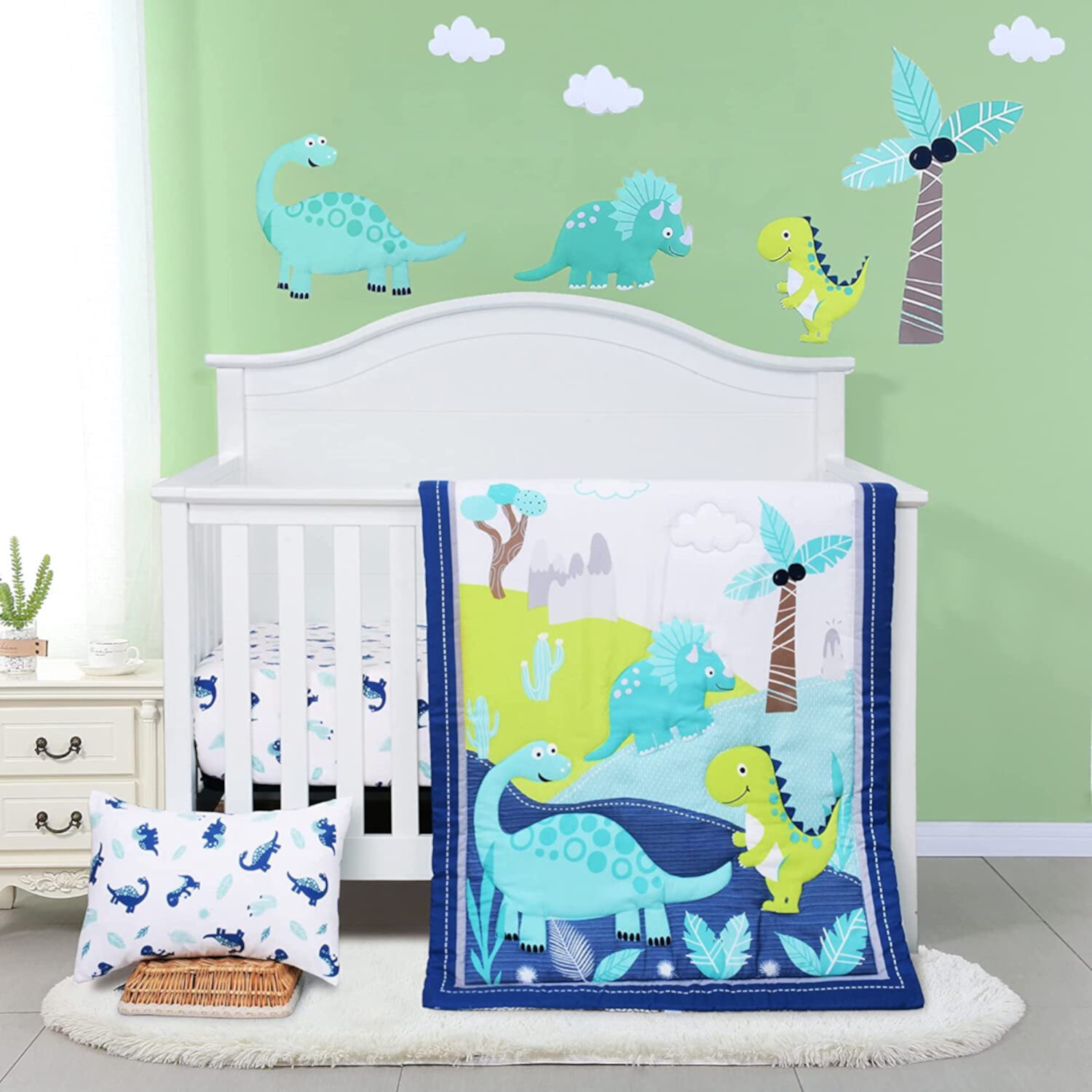 JISEN 3-Piece Baby Boy Dinosaur Crib Bedding Set with Microfiber Quilt, Crib Sheet, and Pillowcase JISEN