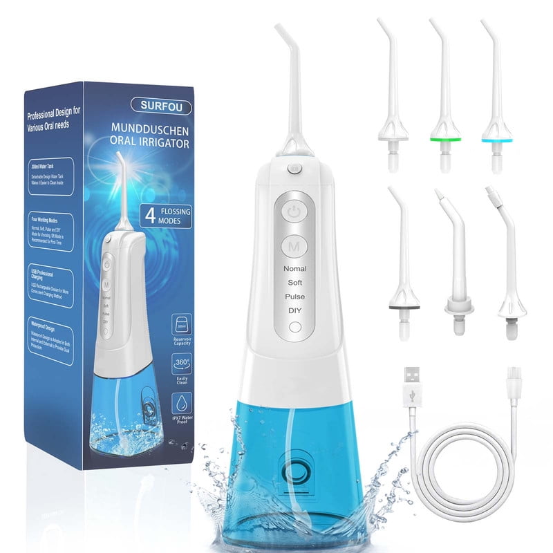 Wireless Oral Irrigator  Mouth Irrigator 300 ml 4 Modes 6 Nozzles Travel IPX7 Waterproof USB Rechargeable for Travel and Home Whiteblue SURFOU