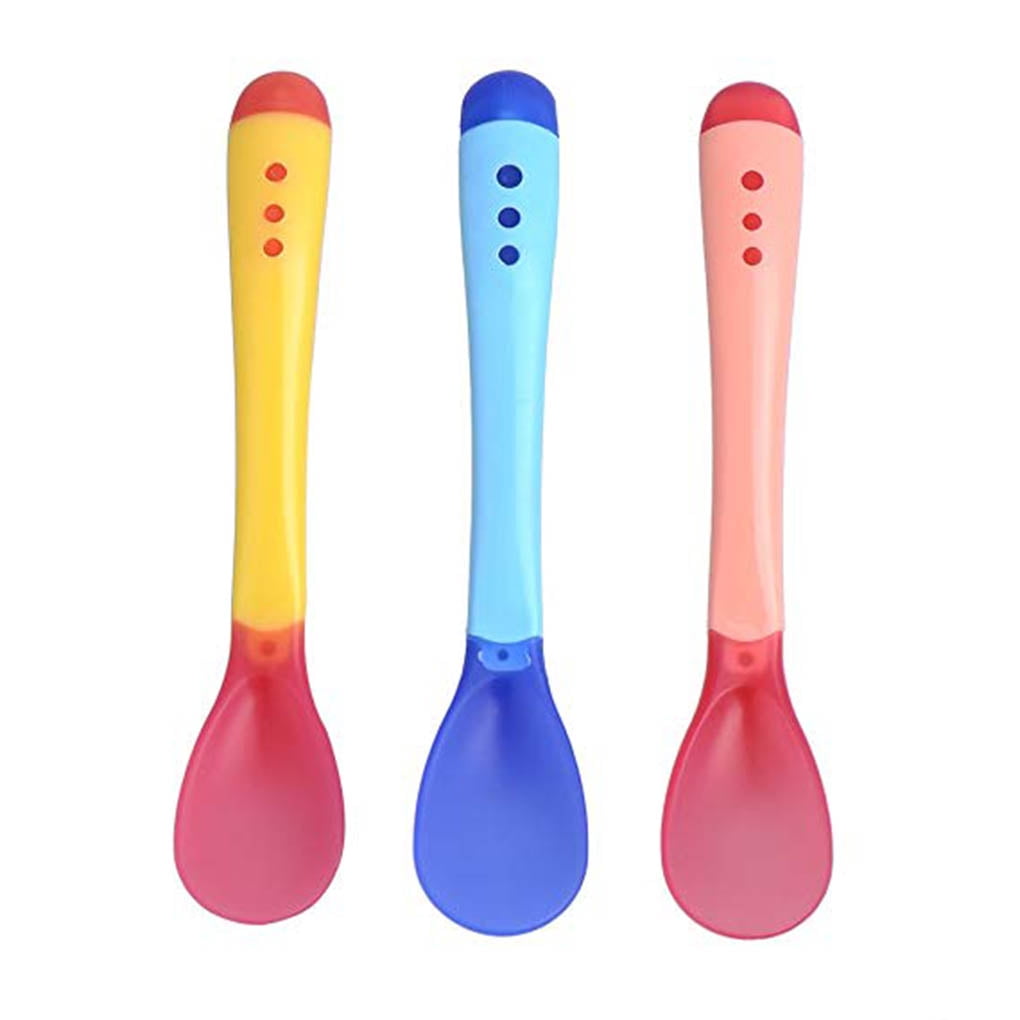 2pcs Baby Spoons Forks Utensils Plastic Infant Feeding Tool Heat Sensitive Kids Toddlers Training Tableware Kit Blue EISHOW