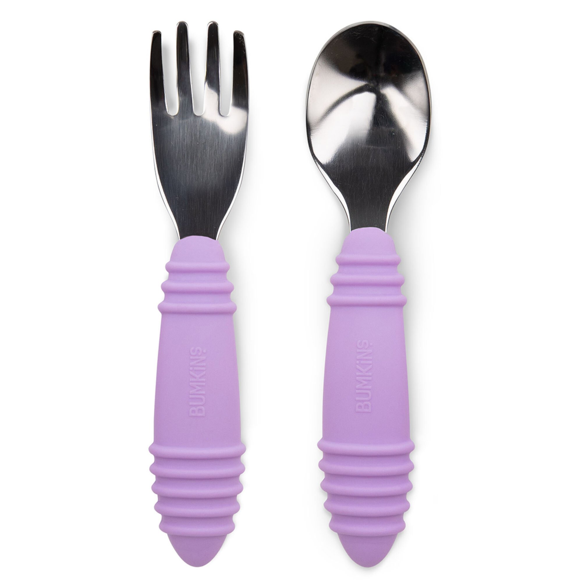 Bumkins Toddler Fork and Spoon Set, Stainless Steel & Silicone for 18 Mos+ (Lavender) Bumkins