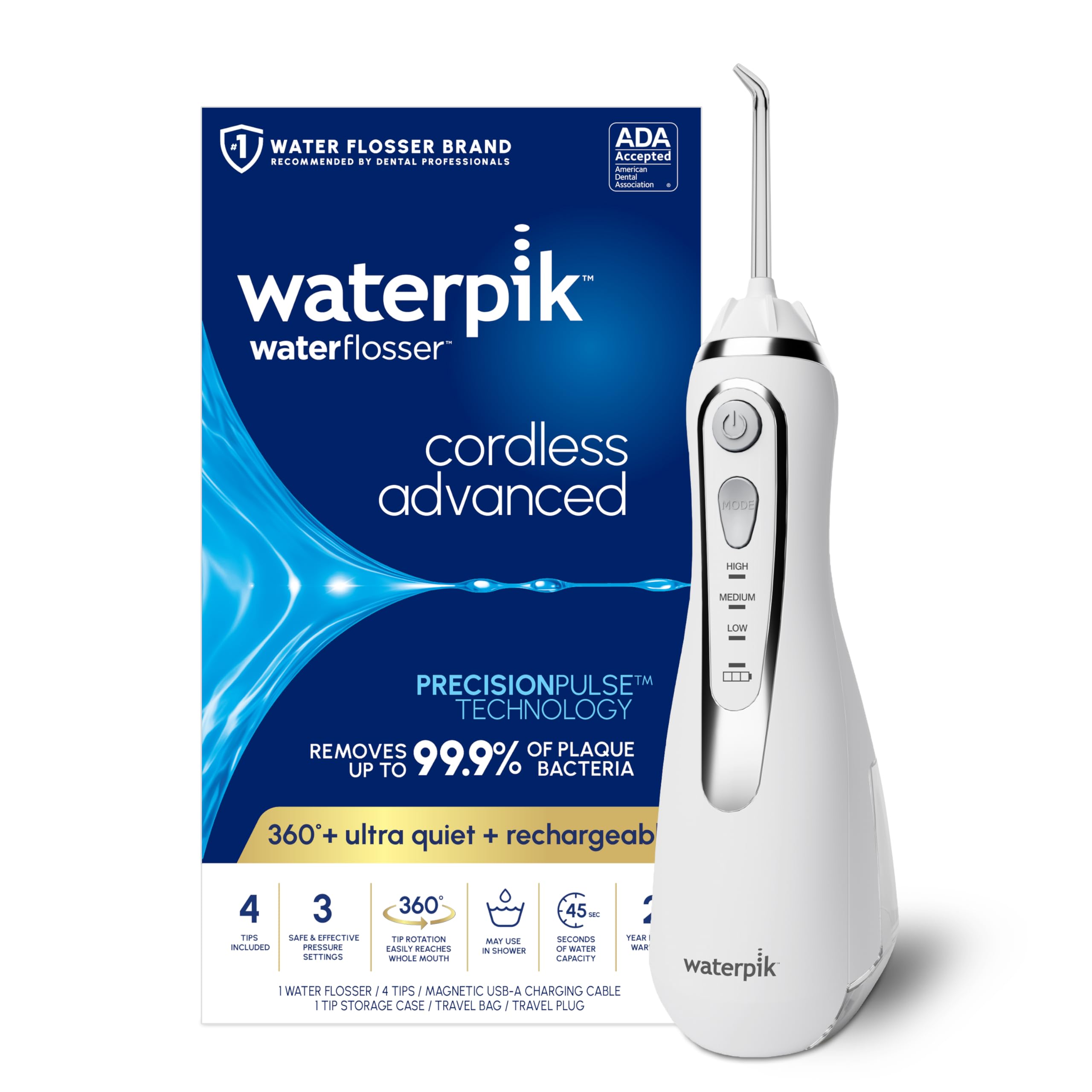 Waterpik Cordless Advanced 2.0 DHF10&nbsp;Water Flosser For Teeth, Dental Care With Travel Bag and 4 Tips, ADA Accepted, Rechargeable, Portable, and Waterproof, White WP-580, Packaging May Vary Waterpik