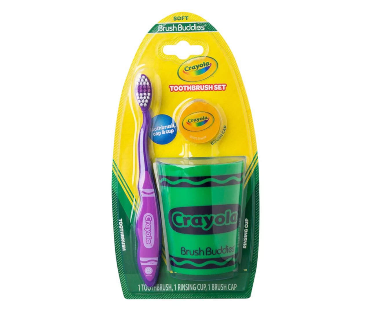 Crayola Brush Buddies Toothbrush Set Soft Bristles Travel Cap Rinsing Cup Bright Colors Ergonomic Handle For Kids Crayola