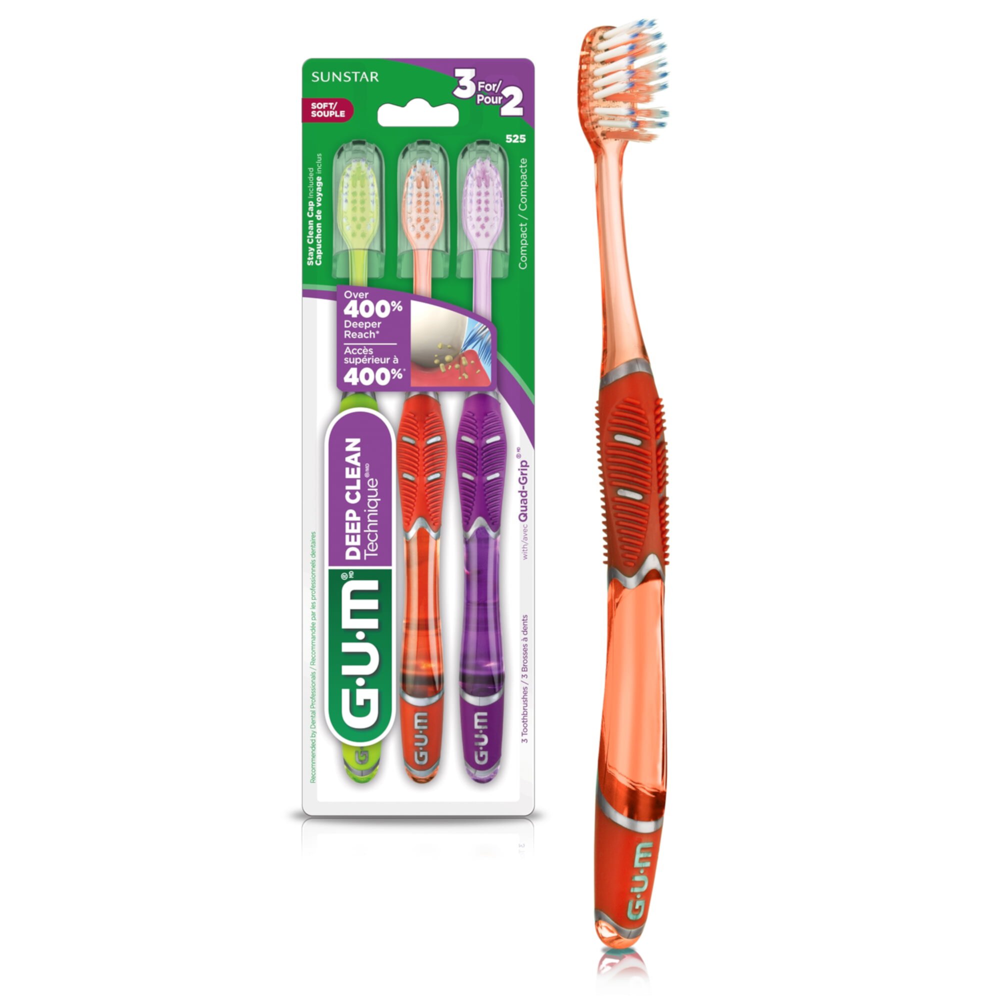 GUM Technique Deep Clean Toothbrush - Compact Soft - Soft Toothbrushes for Adults with Sensitive Gums - Extra Fine Bristles, 3ct GUM