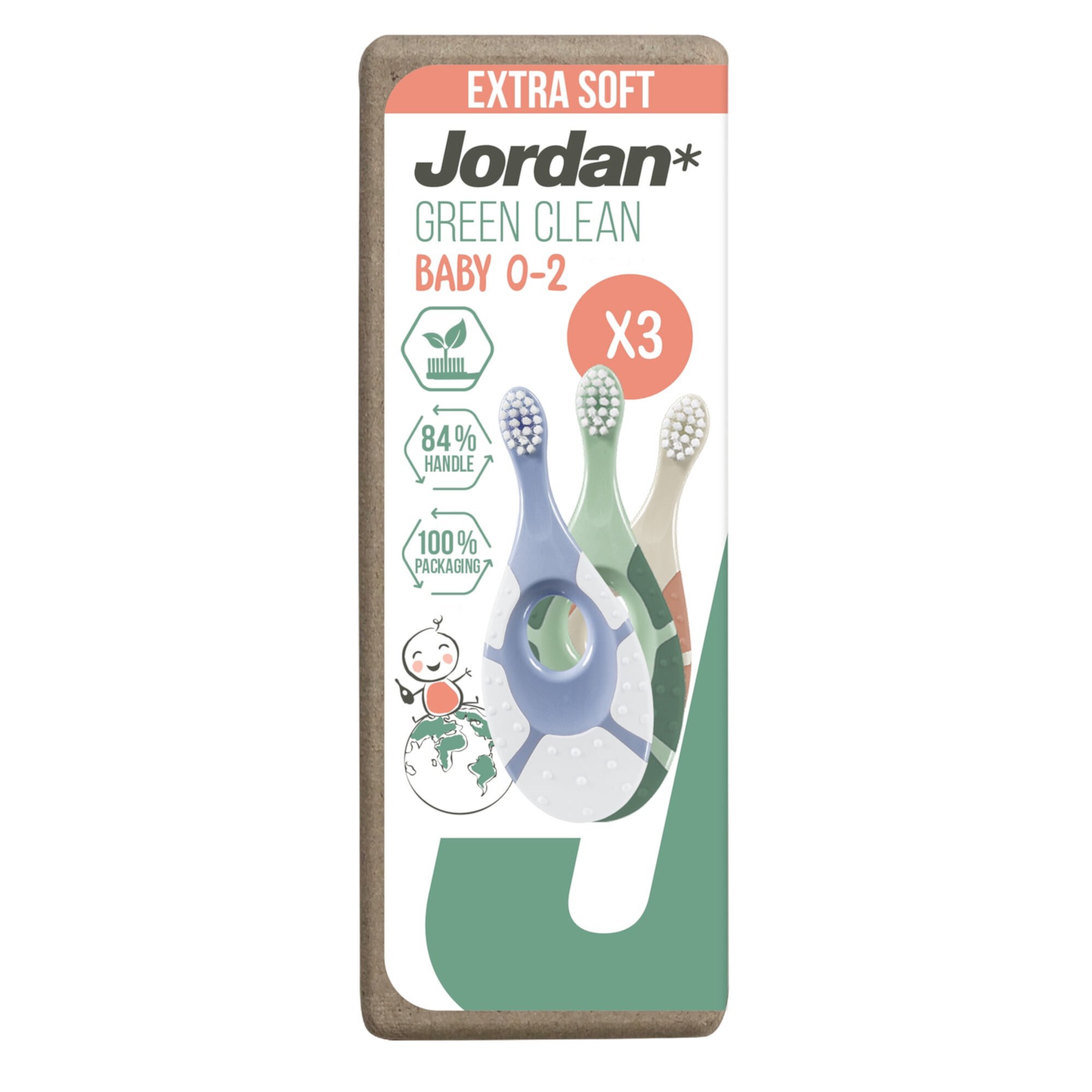 Jordan* ® | Step 1 Green Clean Toddler Toothbrush | Sustainable Baby Toothbrush 0-2 Years | Bio Based Extra Soft bristles, 84% Recycled Handle, Soft Biting Ring | Mixed Colors | Pack 3 Units Jordan