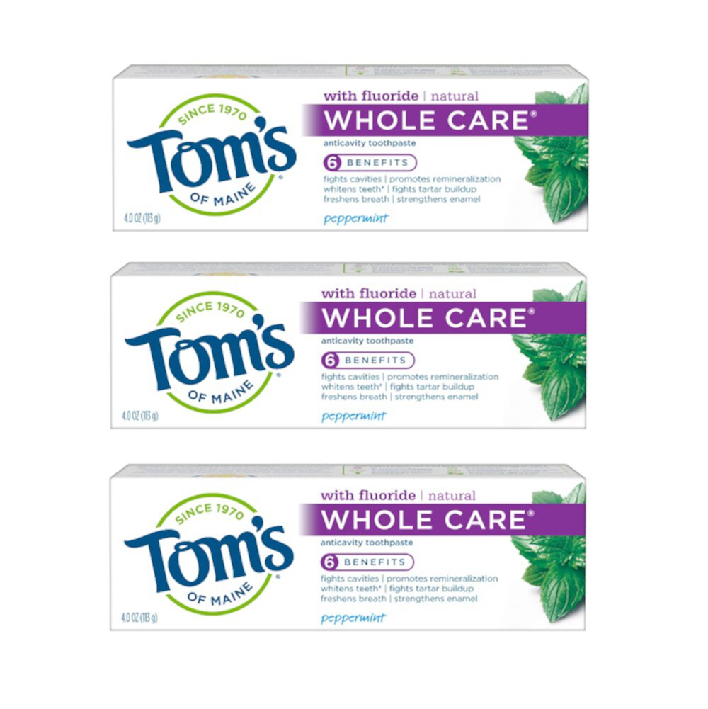 Tom's of Maine Whole Care Toothpaste, Peppermint, 4.0oz 3 Pack Tom's of Maine