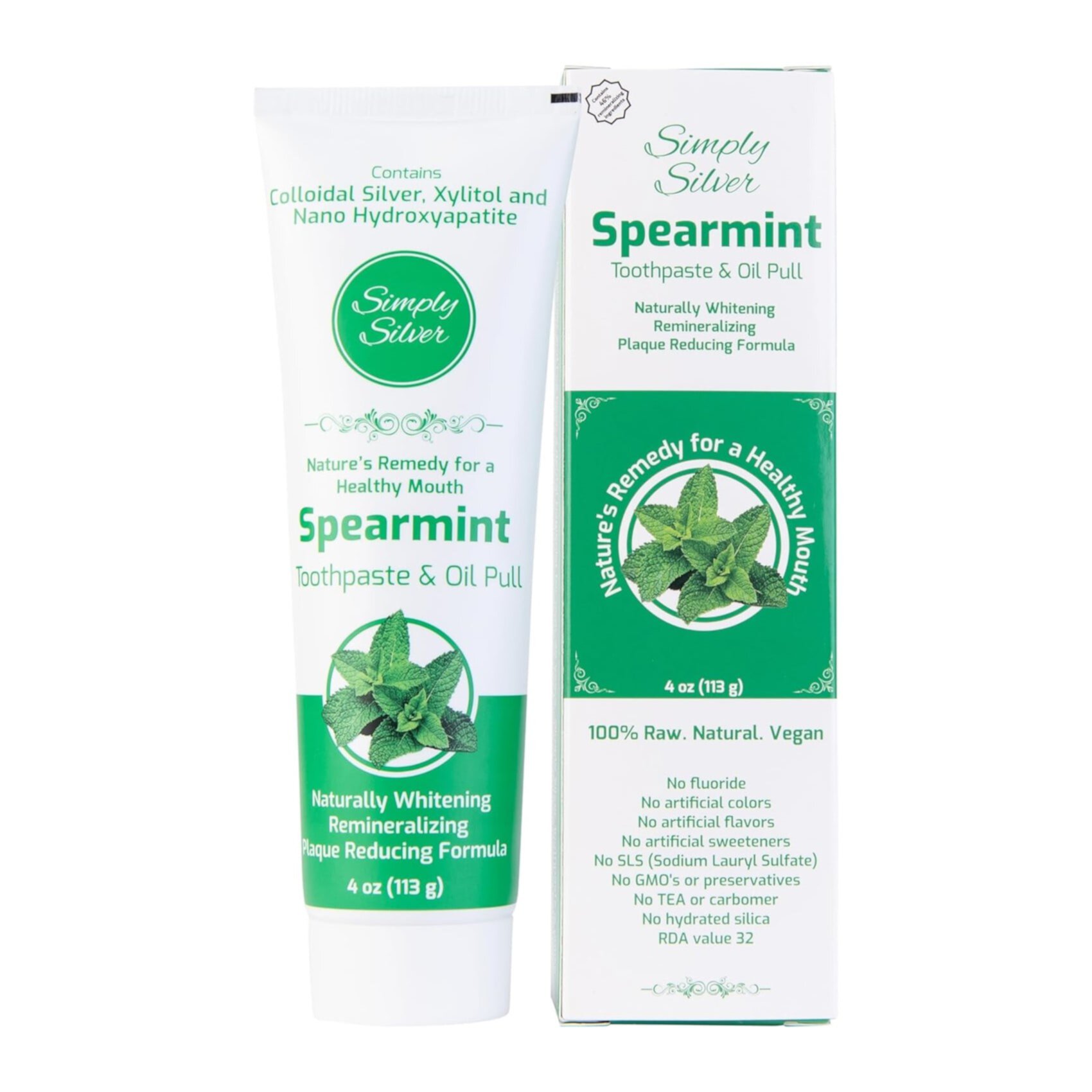 Simply Silver Whitening Toothpaste Spearmint - Natural Nano Hydroxyapatite & Colloidal Silver Natural Toothpaste & Oil Pull, Remineralizing & Plaque Reducing, SLS Free, Fluoride Free, Vegan - 4 oz Simply Silver Mouthwash