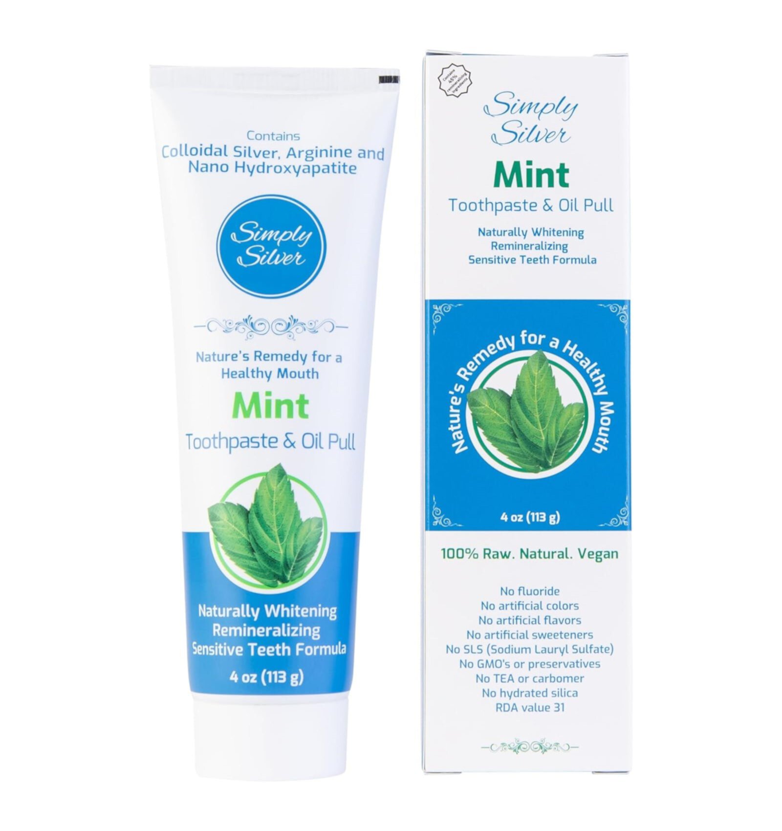 Simply Silver Toothpaste - Nano Hydroxyapatite & Colloidal Silver Natural Toothpaste & Oil Pull, Fluoride Free, Demineralizing & Sensitive Teeth New Formula, 4 oz (Mint) Simply Silver Mouthwash