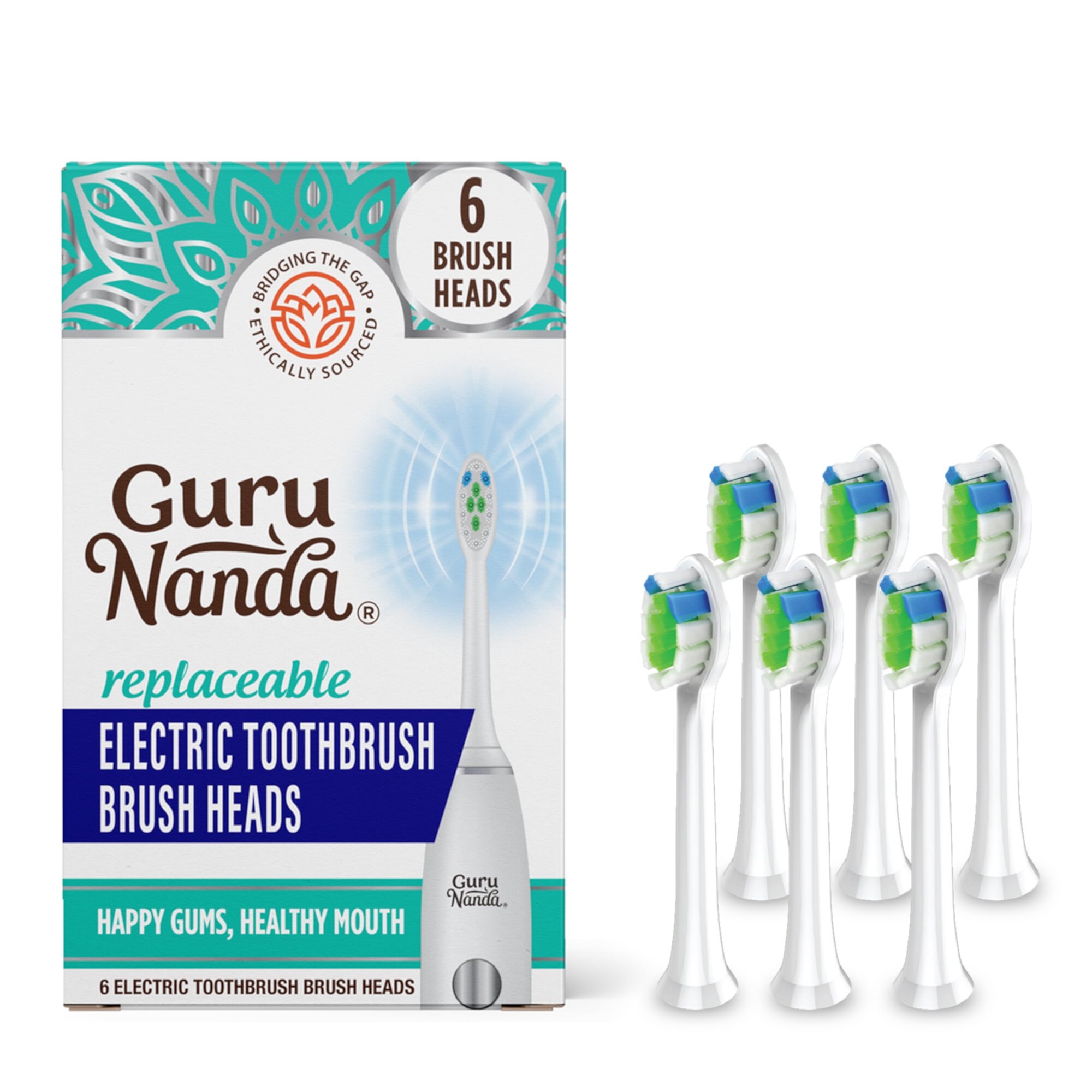 GuruNanda Sonic Electric Toothbrush Replacement Brush head - White - 6 Pack GuruNanda