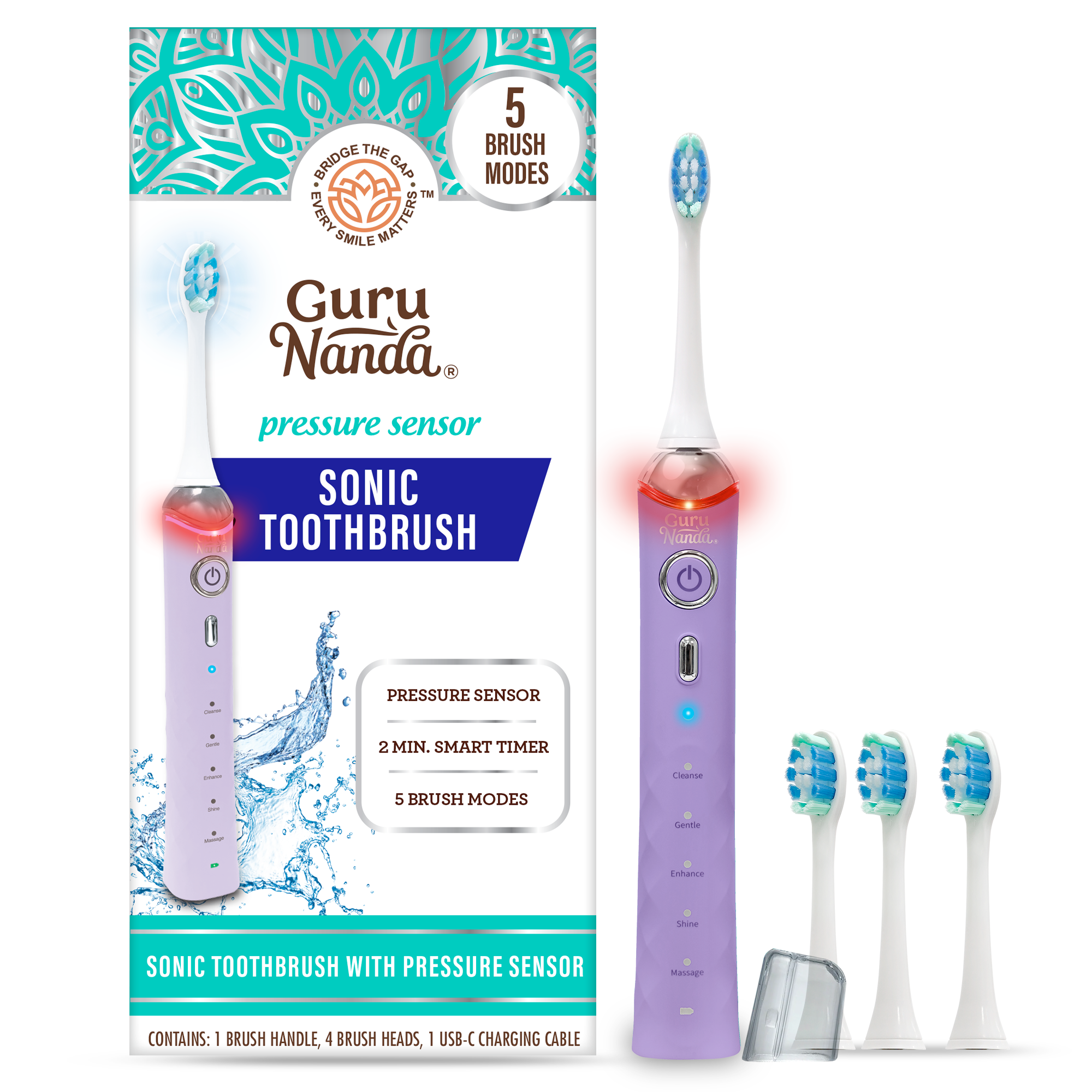 GuruNanda Pressure Sensor Sonic Electric Toothbrush - Rechargeable with 5 Modes, Memory Function, 2-Min Smart Timer & 4 Replacement Heads, Lavender GuruNanda