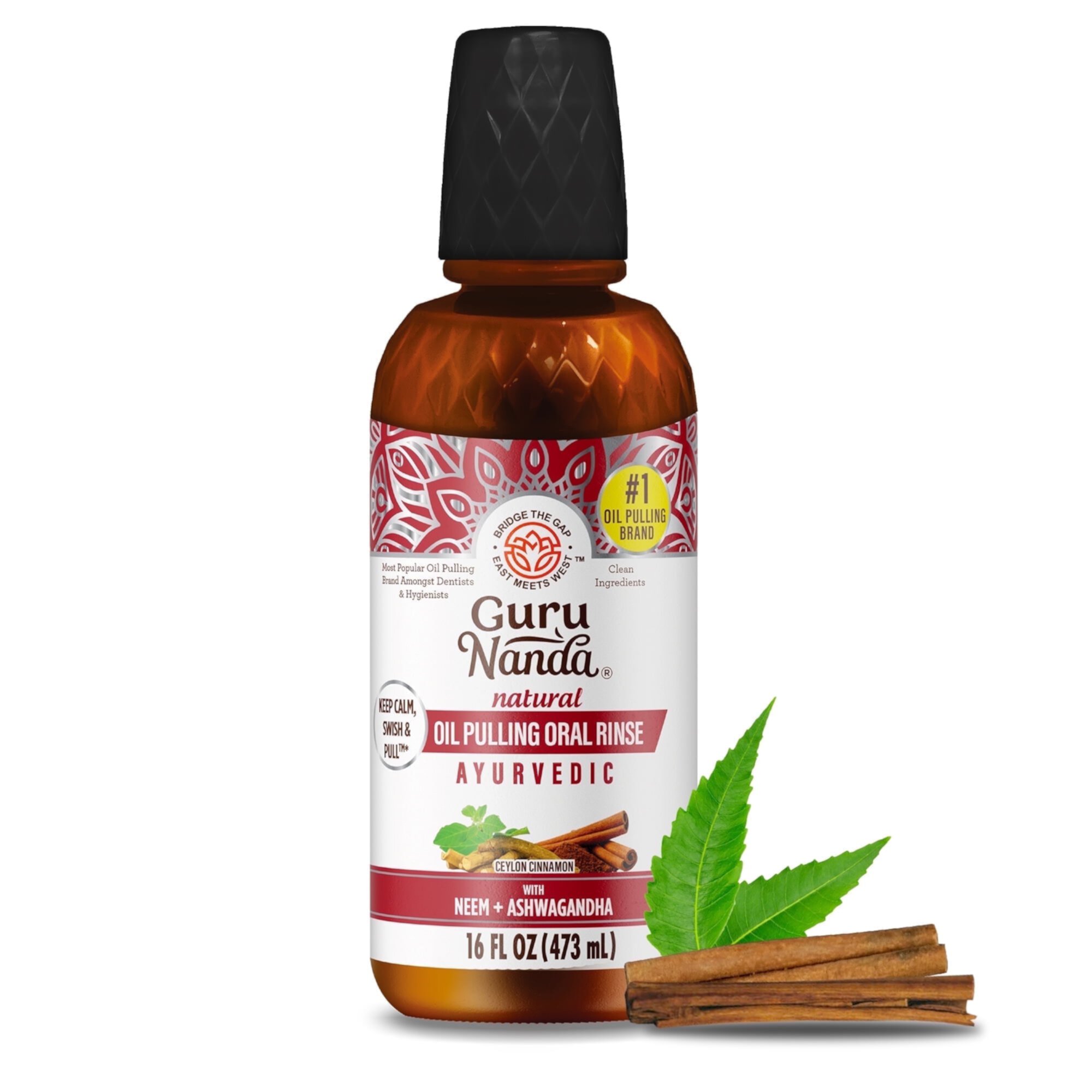 GuruNanda Coconut & Cinnamon Oil Pulling + Neem & Ashwagandha Oral Rinse - Refill Size - 16 oz GuruNanda