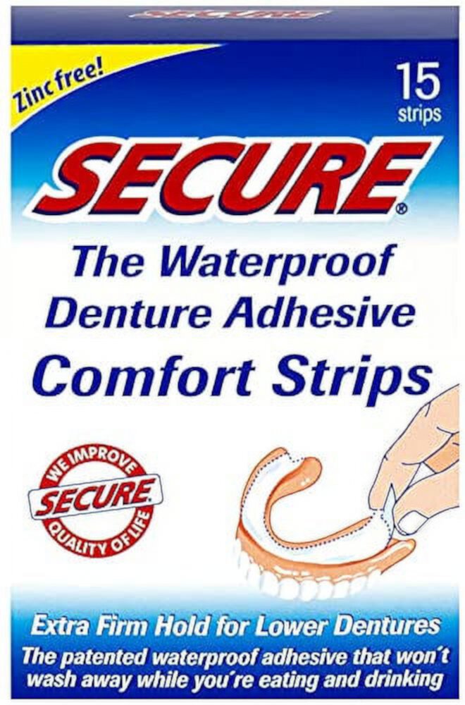 Secure Comfort Strips Waterproof Denture Adhesive - Zinc Free - Extra Firm Hold For Lower Dentures - 15 Strips SECURE