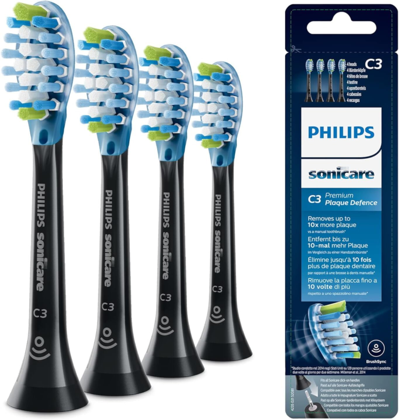 C3 PhilipSonicare Premium Plaque Defence BrushSync Enabled Replacement brush Heads, 4pk Black - HX9044/17 Compatible