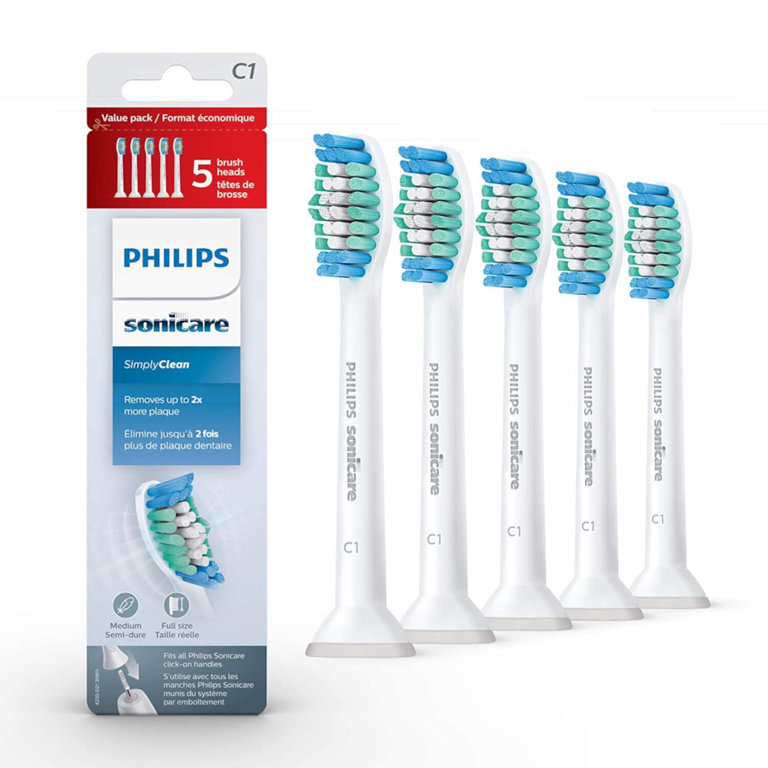 PhilipSonicare Genuine SimplyClean Replacement Toothbrush Heads, 5 Brush Heads, White, HX6015/03 Compatible