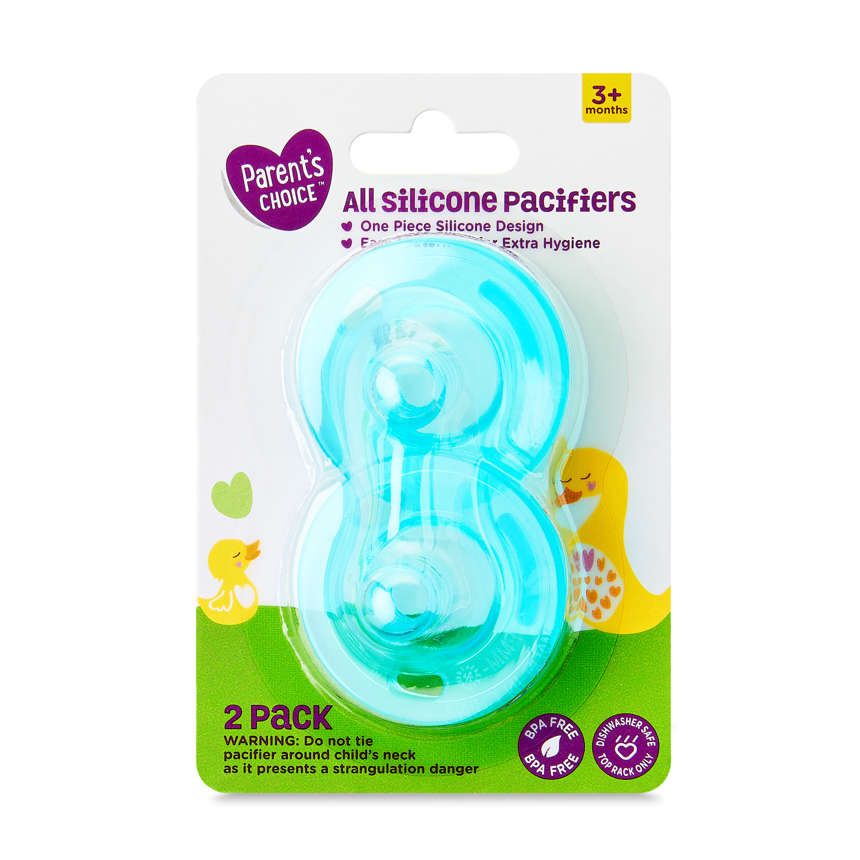 Parent's Choice All Silicone Pacifier, 3 Months+, Unisex, 2-Pack Parent's Choice