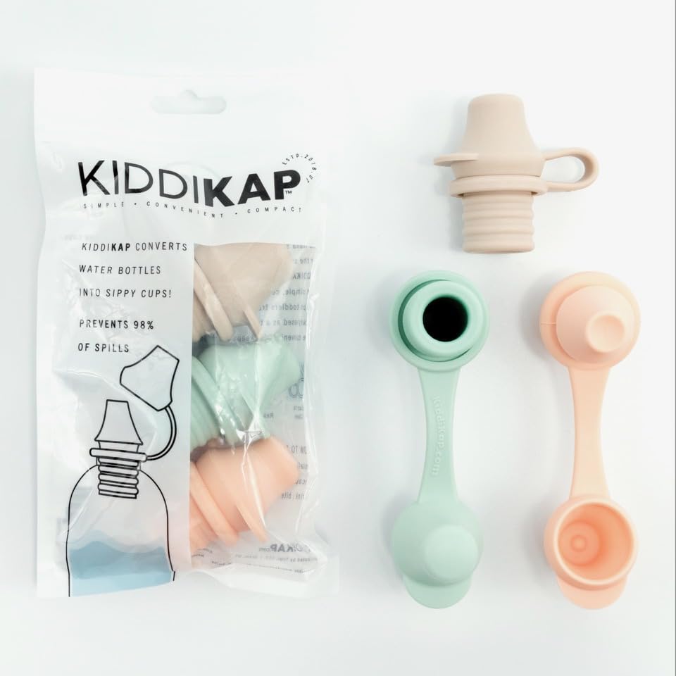 Kiddikap - Water Bottle Spout Adapter for Kids, Babies, & Adults - 3-Pack Set, 98% Leak-Proof, No-Spill Design, BPA-Free, Reusable, & Easy-to-Use, (Sage, Sand & Peach) - 4mm Slit Generic