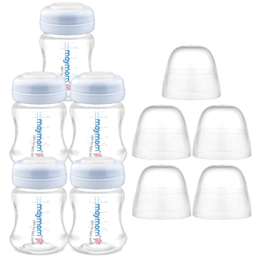 Maymom Wide-Mouth Milk Storage Collection Bottle with Dome Cap, Bottle Top, SureSeal Sealing Disk; Can Replace Spectra S1 S2 Bottles, 5 pc (4.7Oz/140mL) Maymom