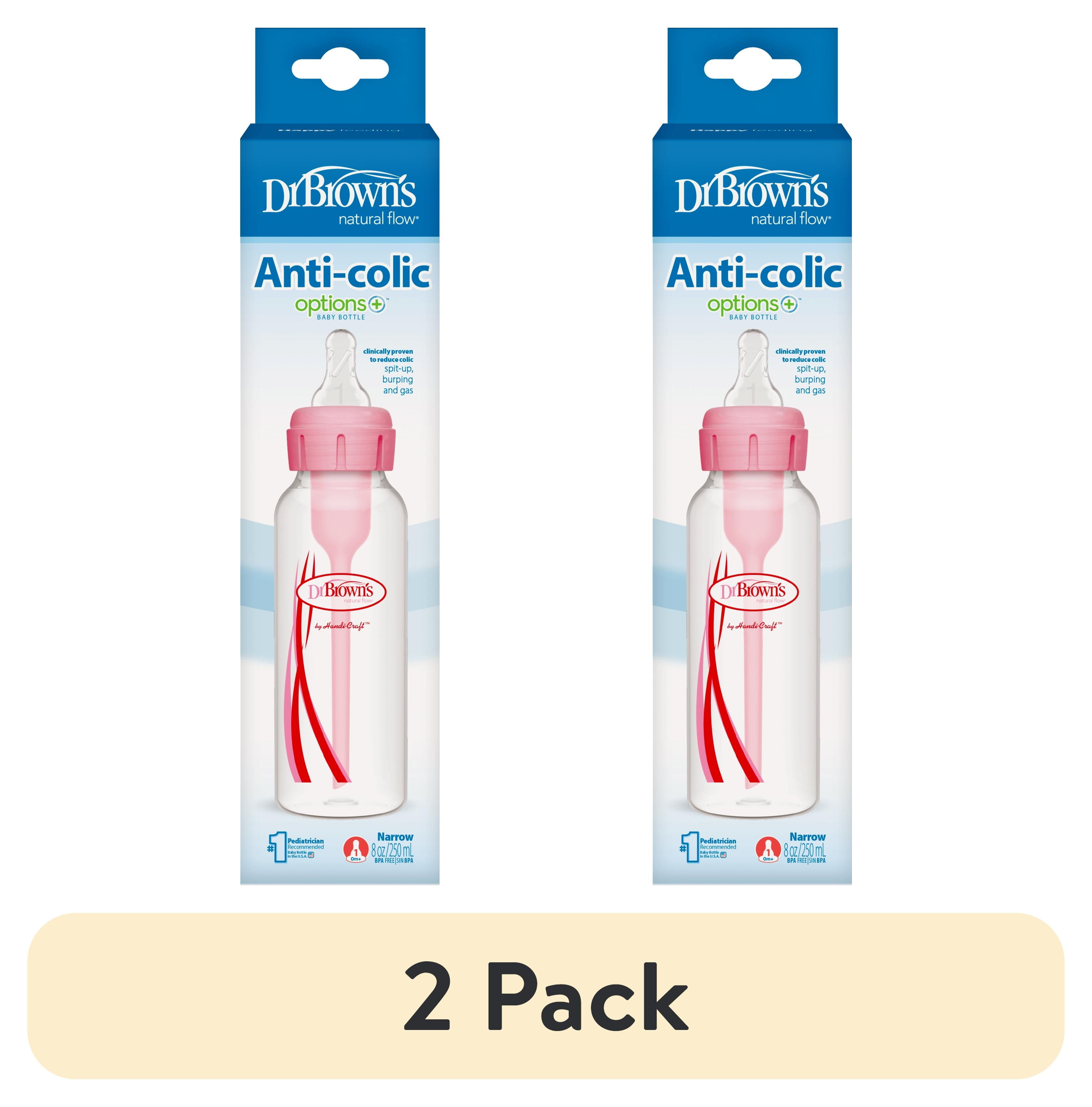 (2 pack) Dr. Brown's Natural Flow Anti-Colic Options+ Narrow Baby Bottle, 8oz/250mL, with Level 1 Slow Flow Nipple, 1-Pack, Pink, 0m+ Dr. Brown's