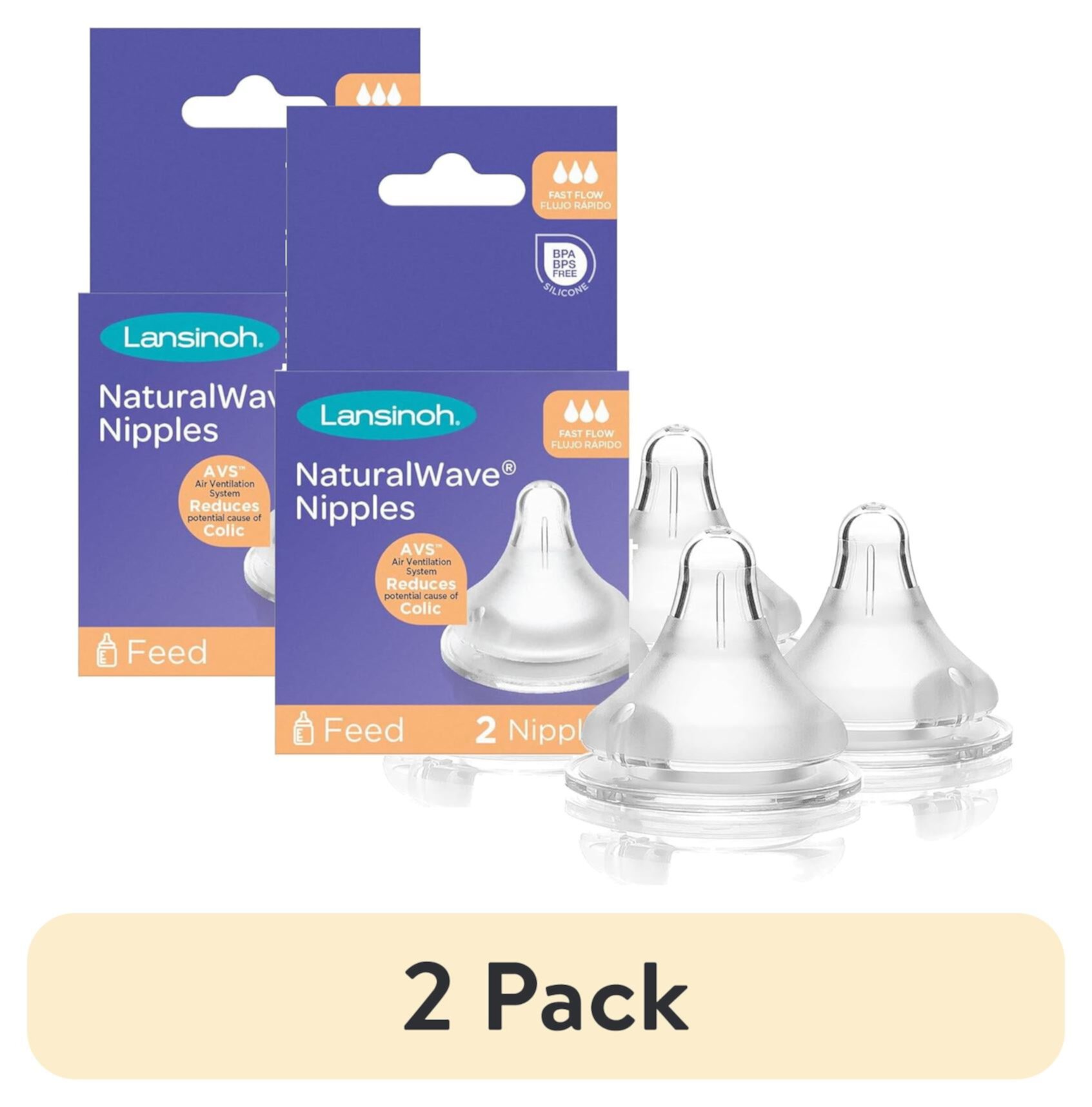 (2 pack) Lansinoh NaturalWave Baby Bottle Nipples, Fast Flow, 2 Count Lansinoh