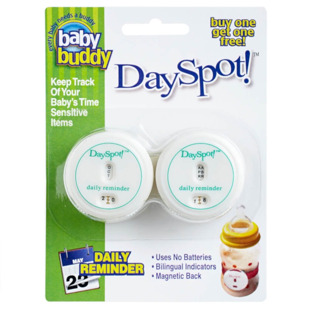 Baby Buddy DaySpot Daily Reminder Keeps Track of Freshness for Baby Food, Baby Bottles, Leftovers, White, 2 Count Baby Buddy