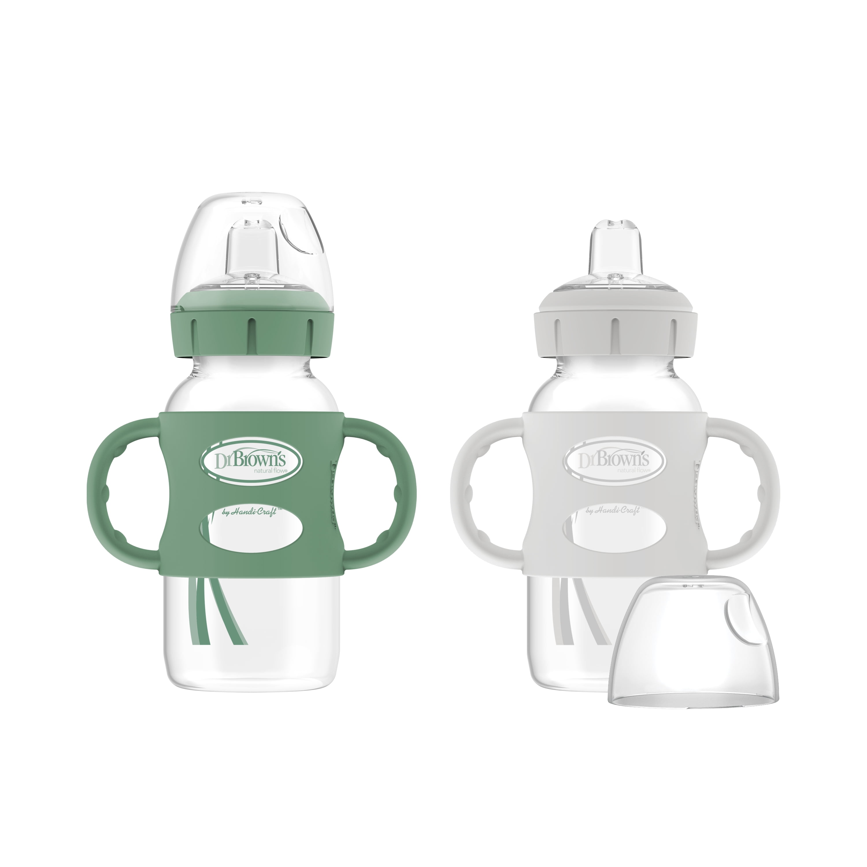 Dr. Brown’s® Milestones™ Wide-Neck Sippy Bottle with 100% Silicone Handles, Easy-Grip Bottle with Soft Sippy Spout, 9oz/270mL, 6m+, Green and Gray, 2-Pack, BPA free Dr. Brown's