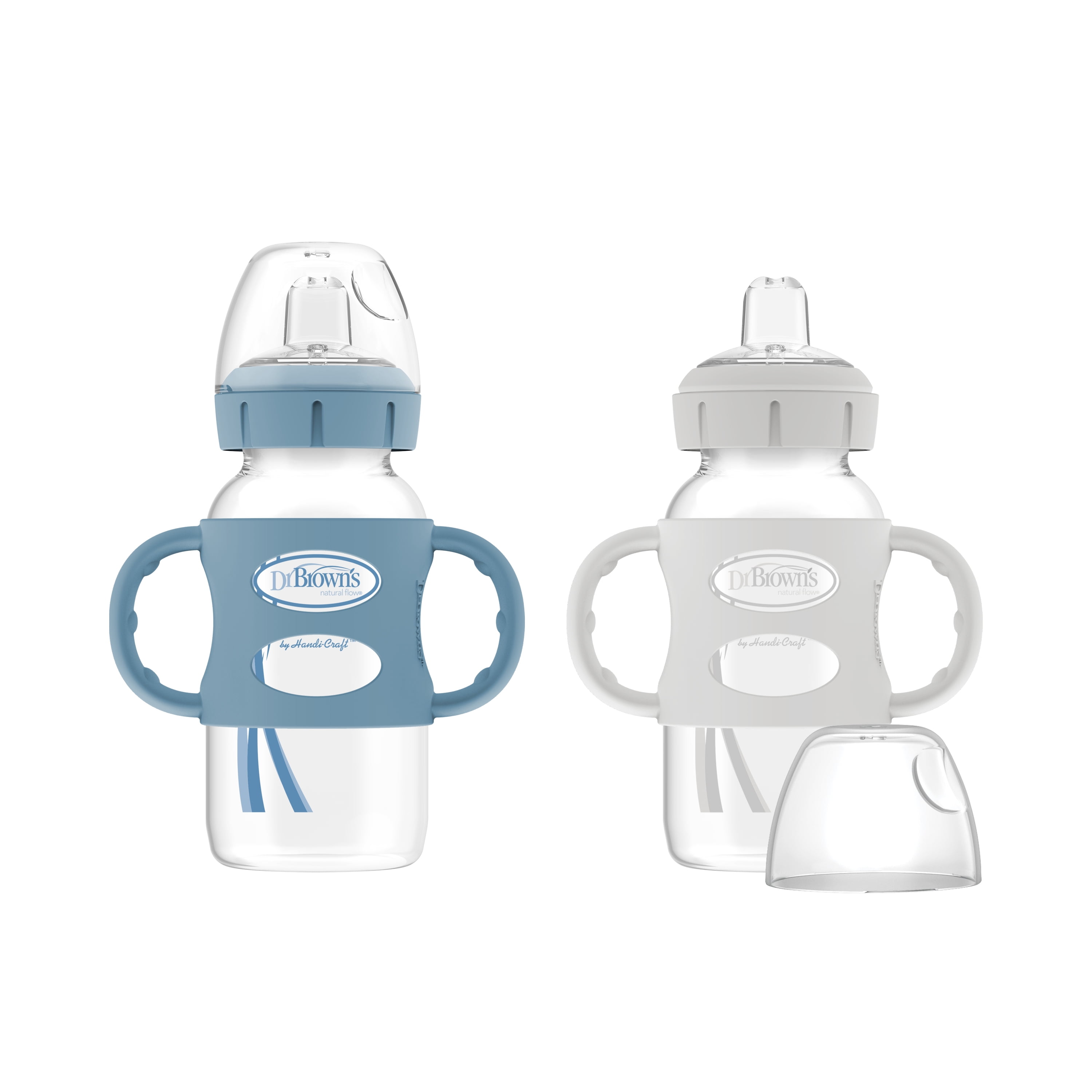 Dr. Brown's Milestones Wide-Neck Sippy Spout Bottle with Handles, 9oz/270ml, 6m+, Light Blue/Gray, 2 Pack Dr. Brown's