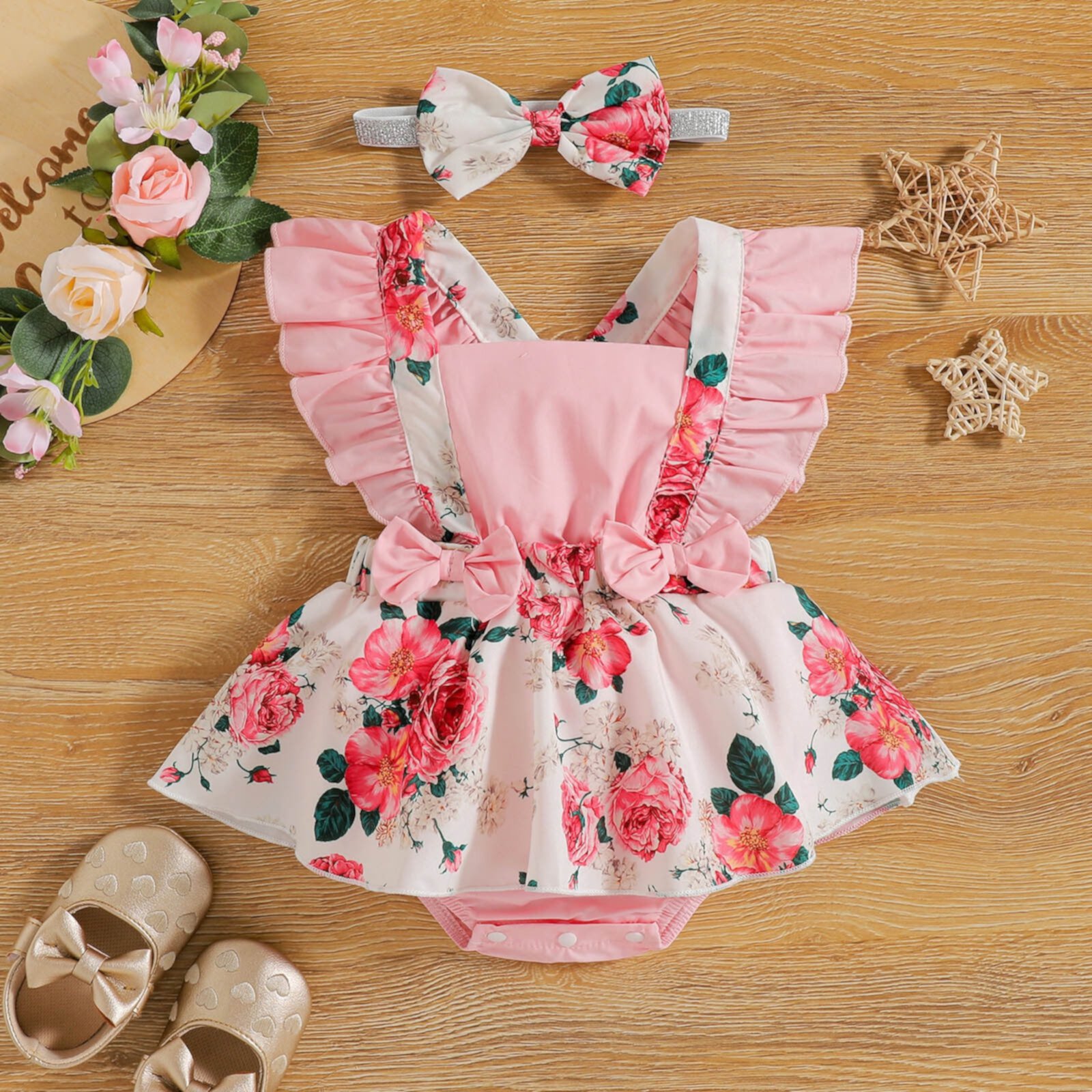 Herrnalise Toddler Baby Girls Fashion Cute Flowers Print Ruffles Short Sleeve Romper Bow Bodysuit Jumpsuit Suit 0-2 Years Deals Herrnalise