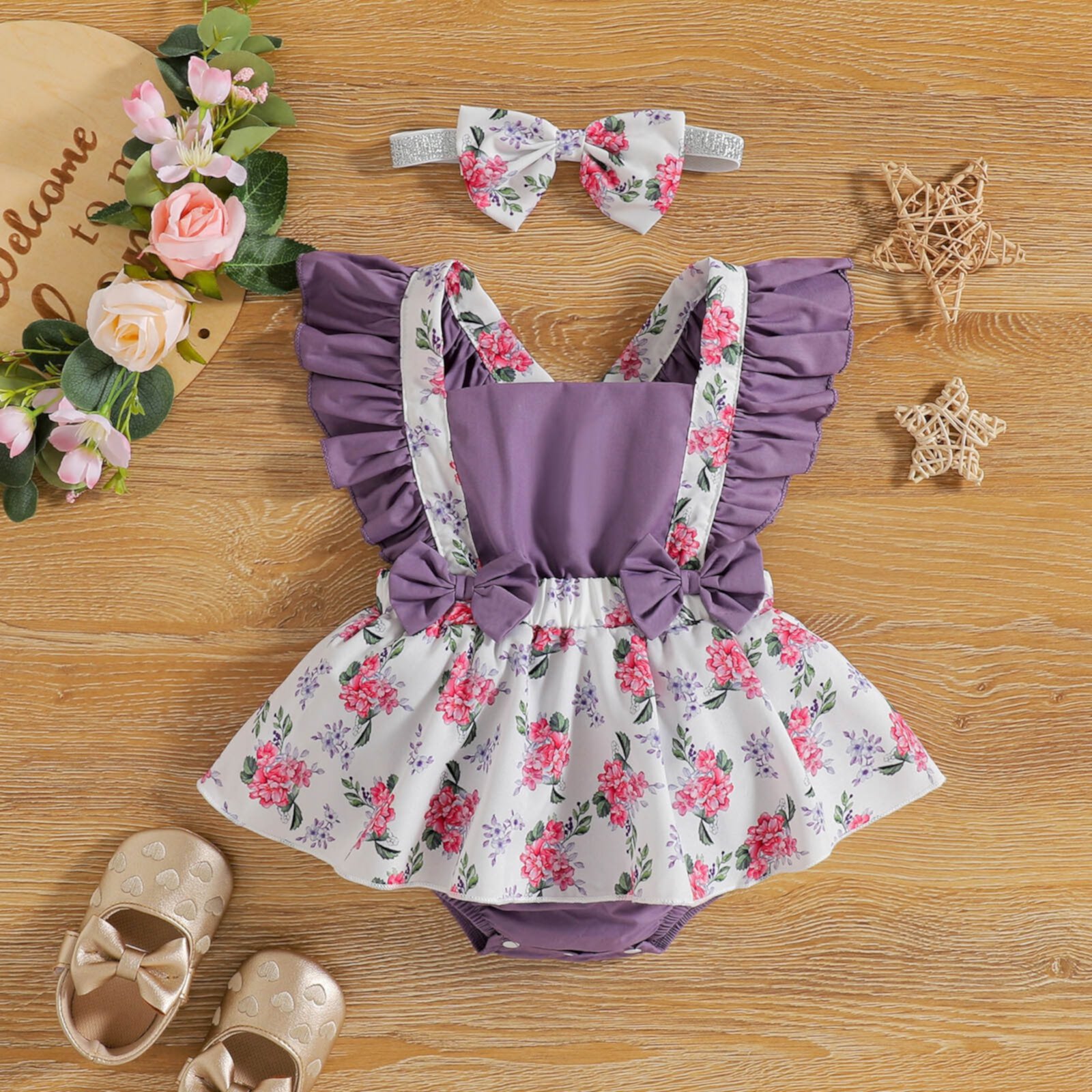 Herrnalise Toddler Baby Girls Fashion Cute Flowers Print Ruffles Short Sleeve Romper Bow Bodysuit Jumpsuit Suit 0-2 Years Deals Herrnalise