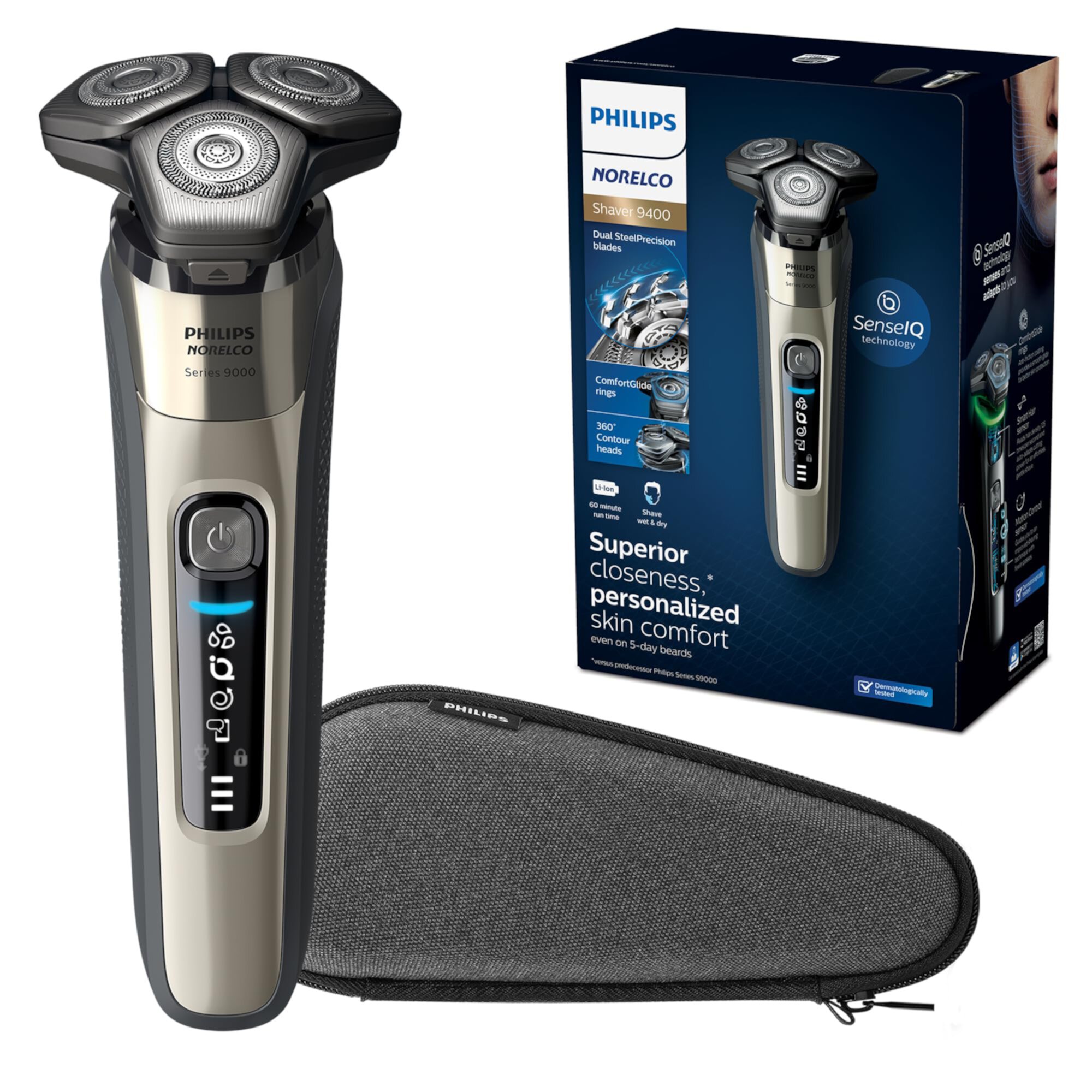 Philips Norelco 9400 Rechargeable Wet/Dry Electric Shaver with SenseIQ and Comfort Glide Ring Technology, Silver, S9502/83 Philips Norelco