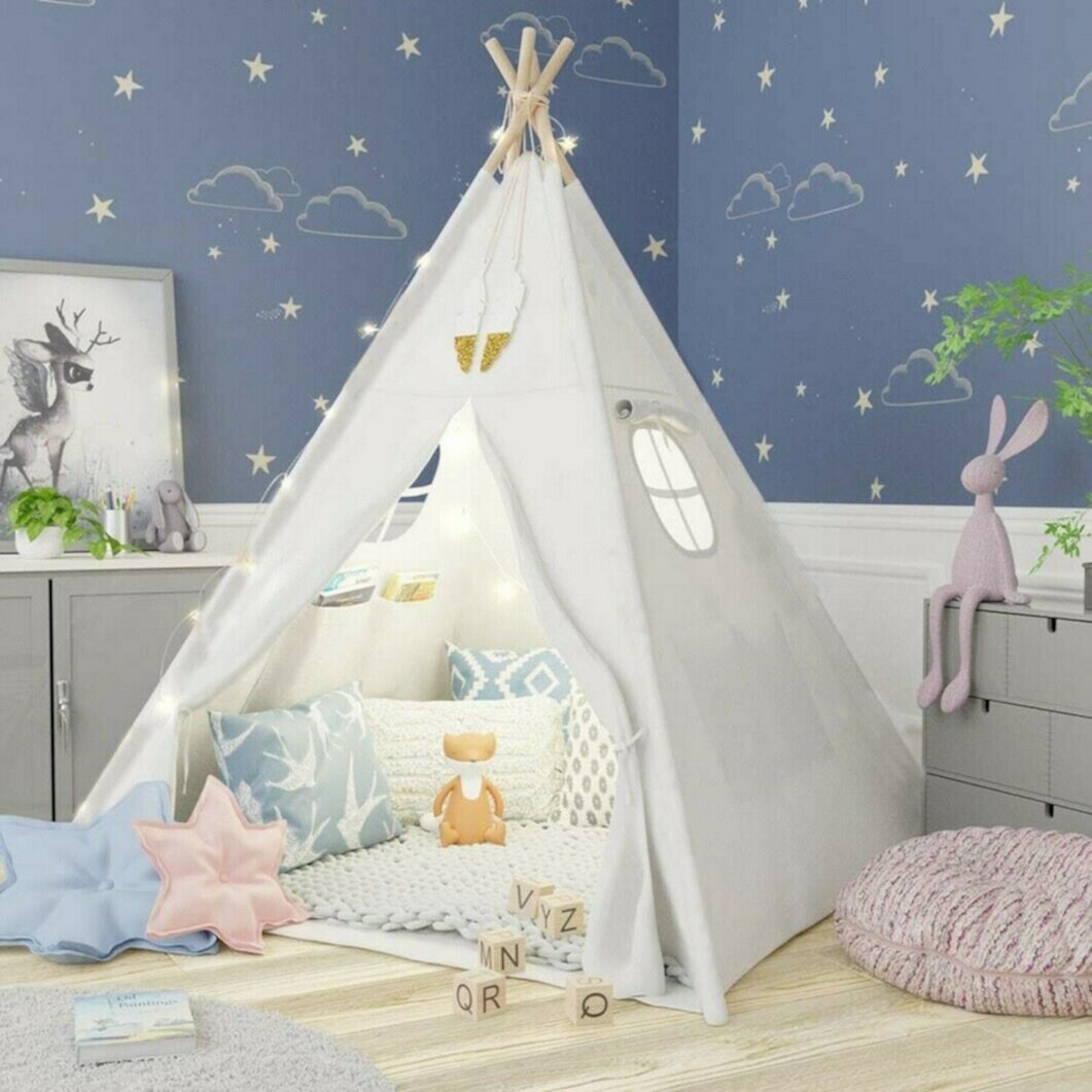 Foldable Canvas Teepee Tent for Girls & Boys, Kids Teepee Play Tent Indoor Outdoor, Pink Mascarry